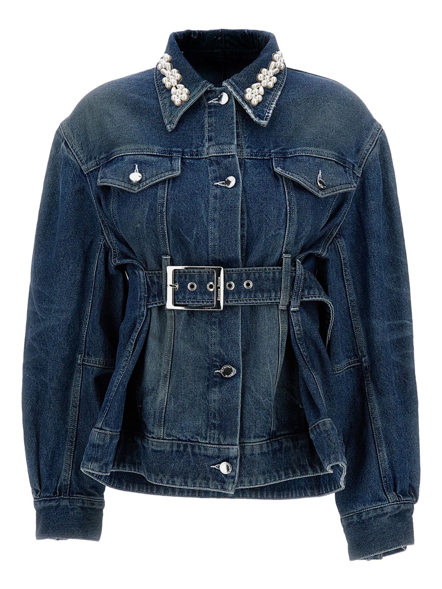 pearl-embellished belted denim jacket