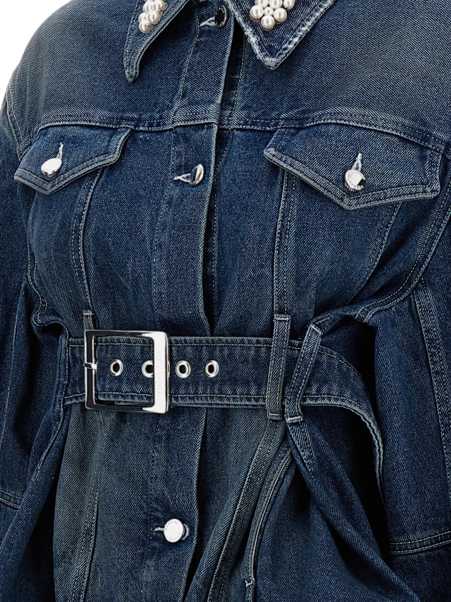 pearl-embellished belted denim jacket