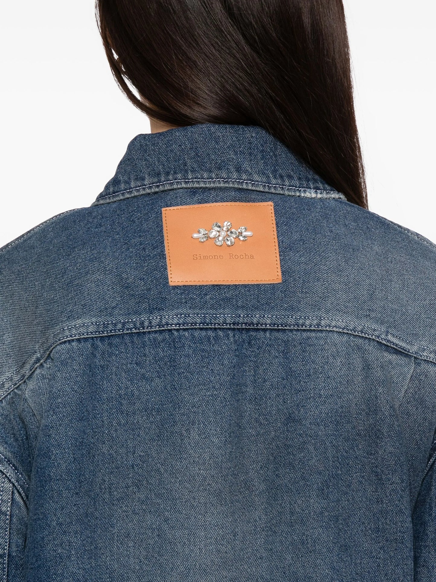 pearl-embellished belted denim jacket