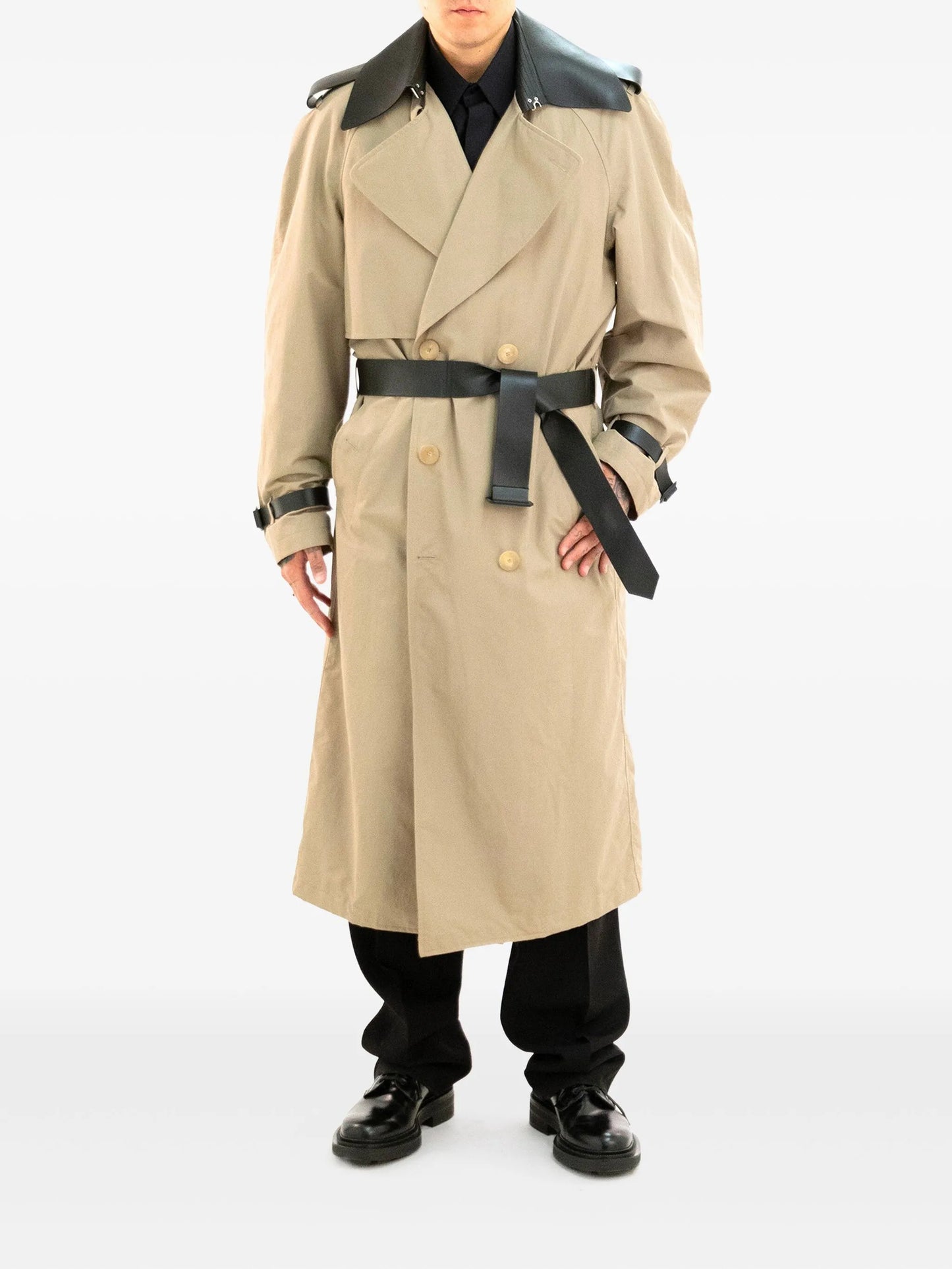 leather-detail trench coat