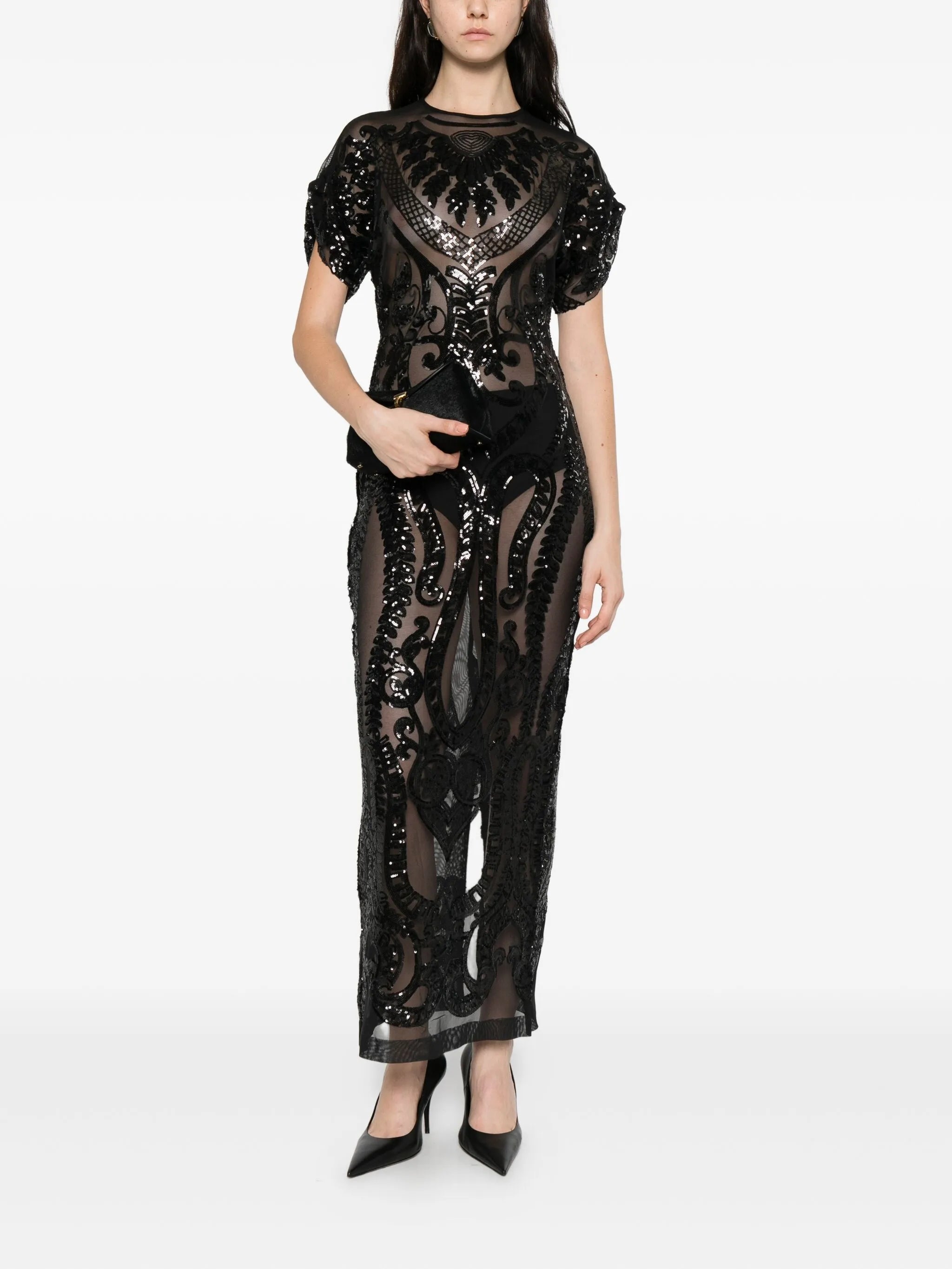 sequin-embellished cap-sleeve midi dress