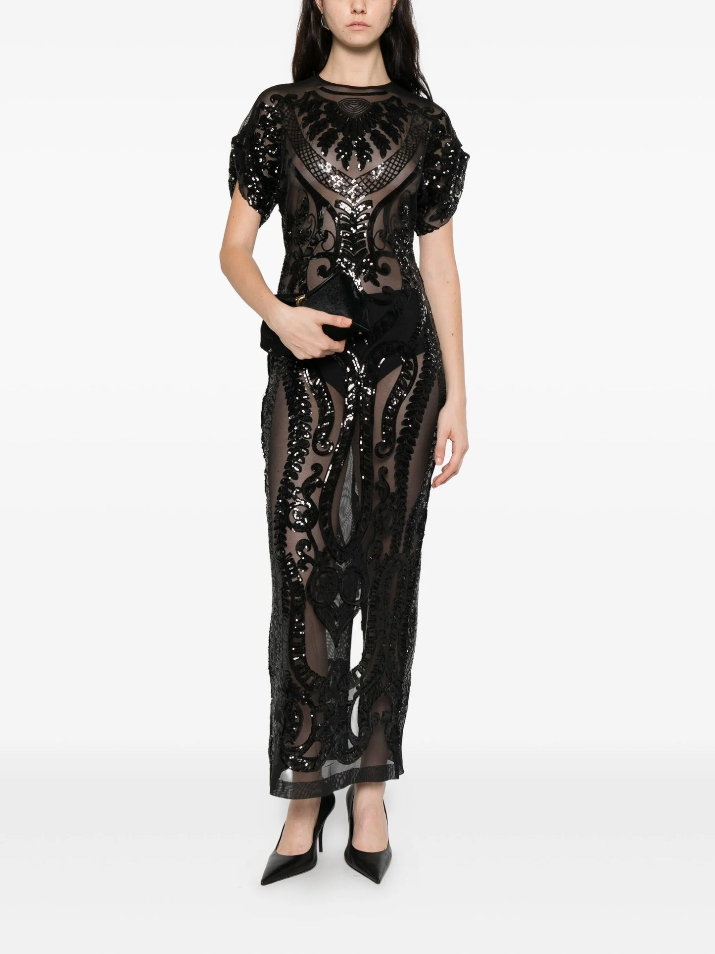 sequin-embellished cap-sleeve midi dress