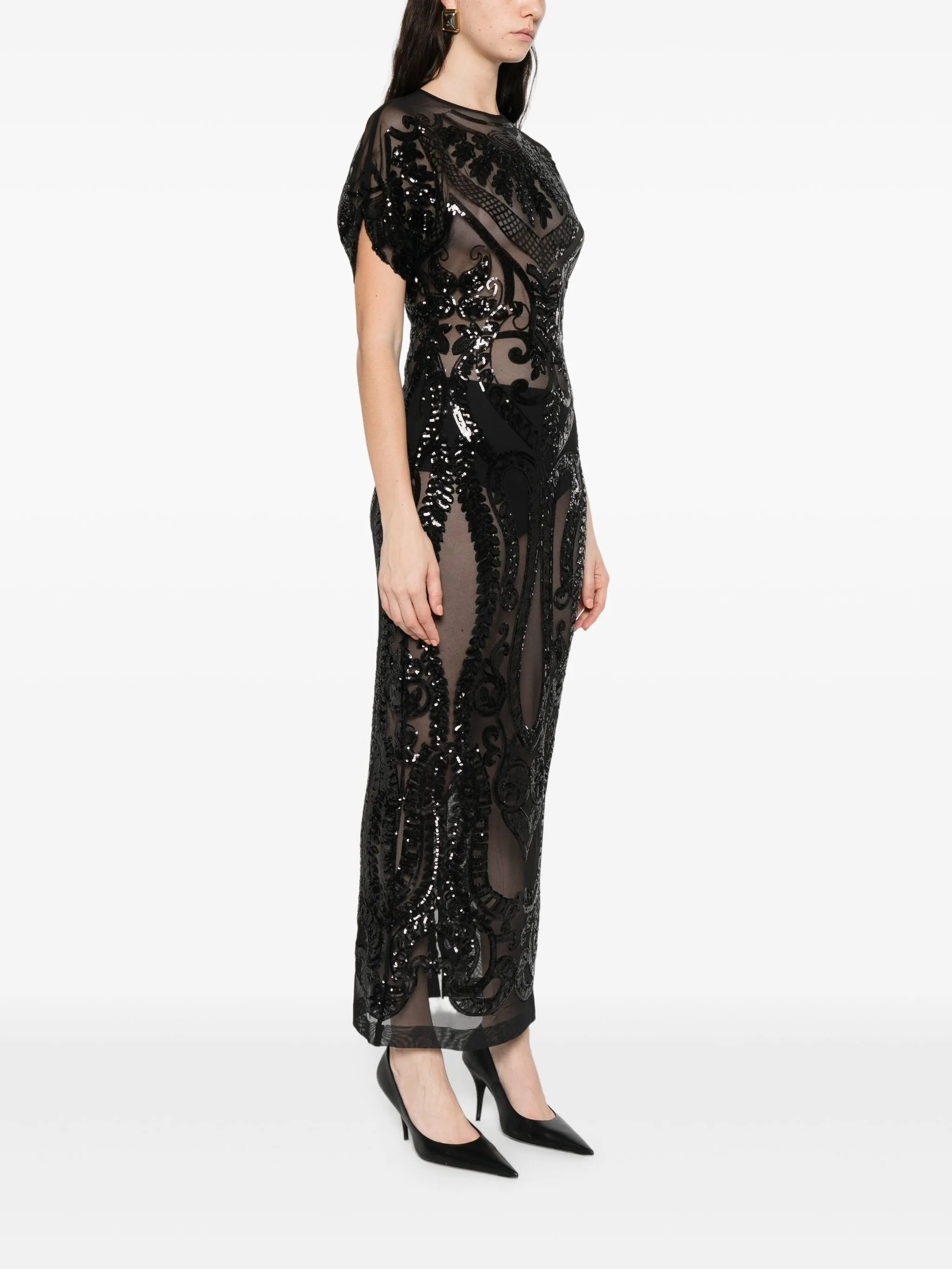 sequin-embellished cap-sleeve midi dress