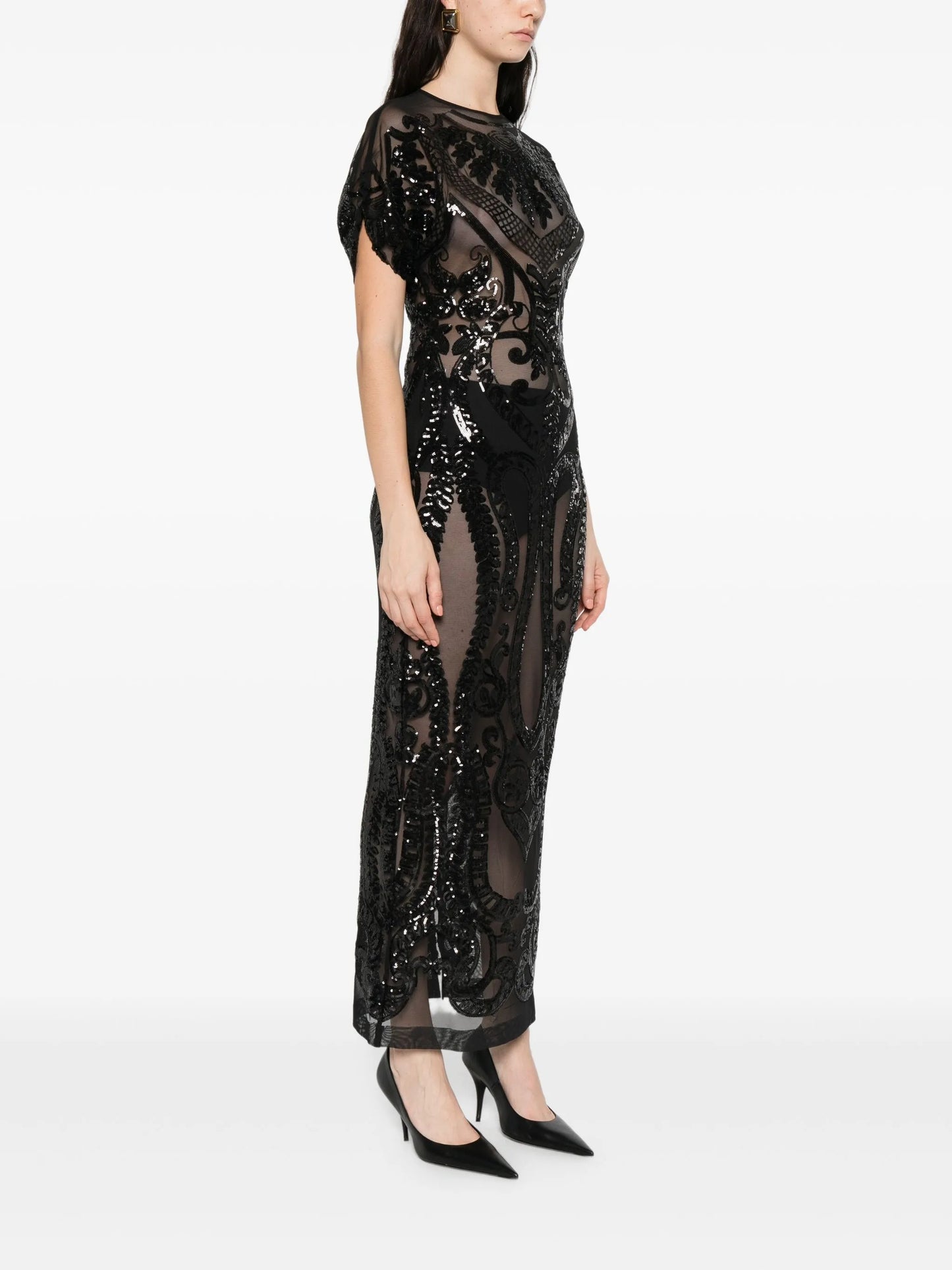 sequin-embellished cap-sleeve midi dress