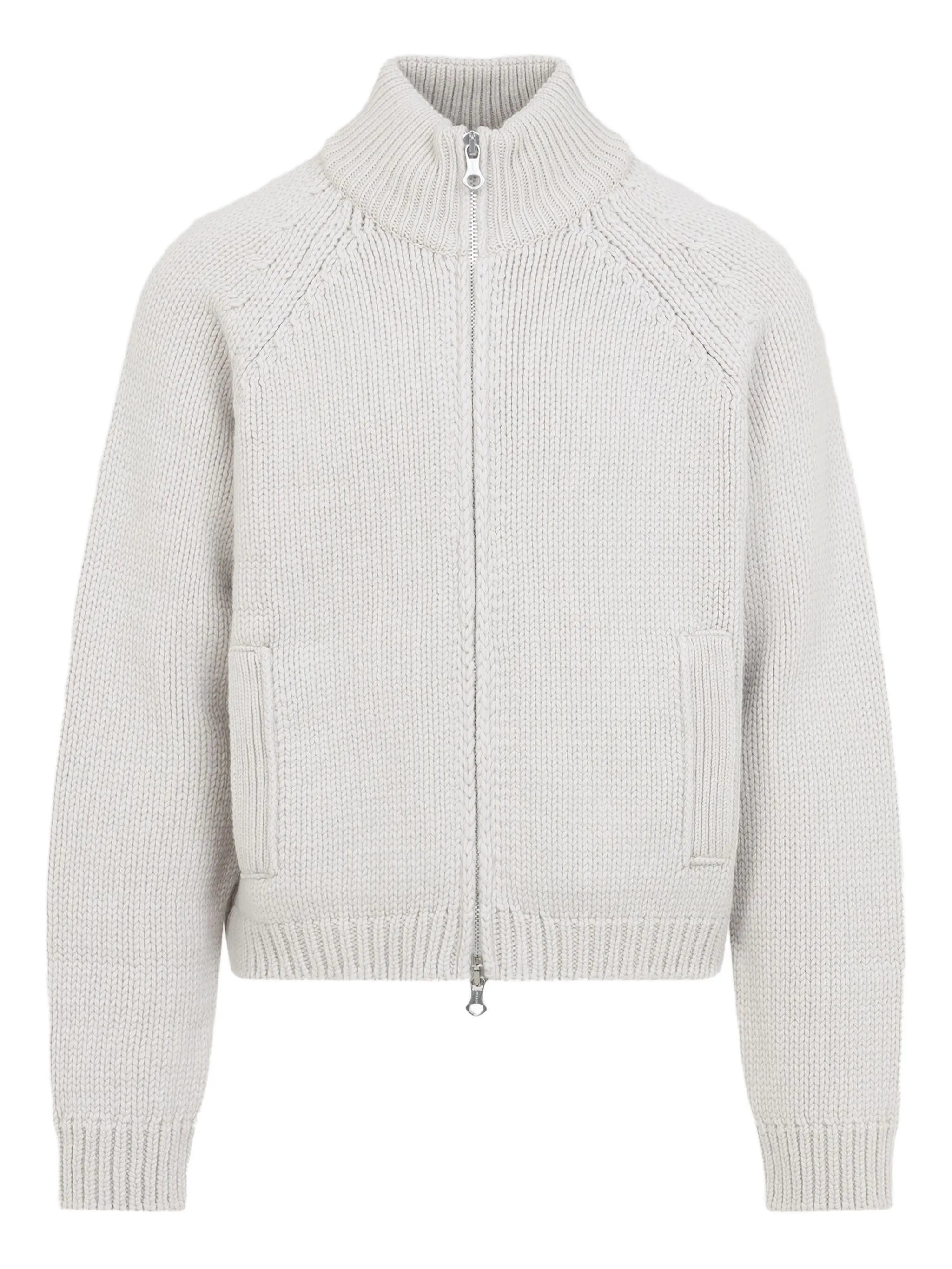 high-neck zip-front cardigan