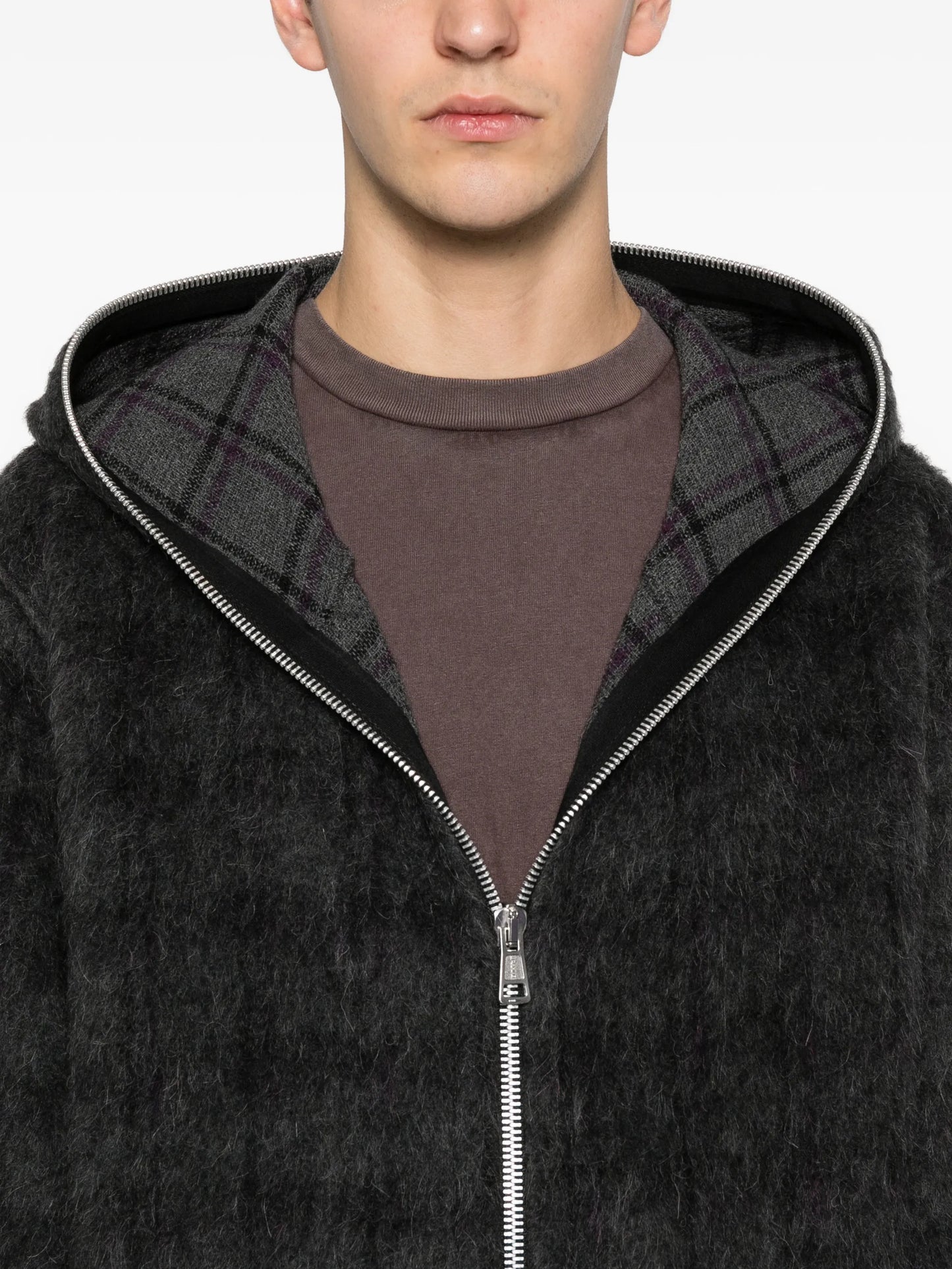 check-pattern zip-fastening hoodie