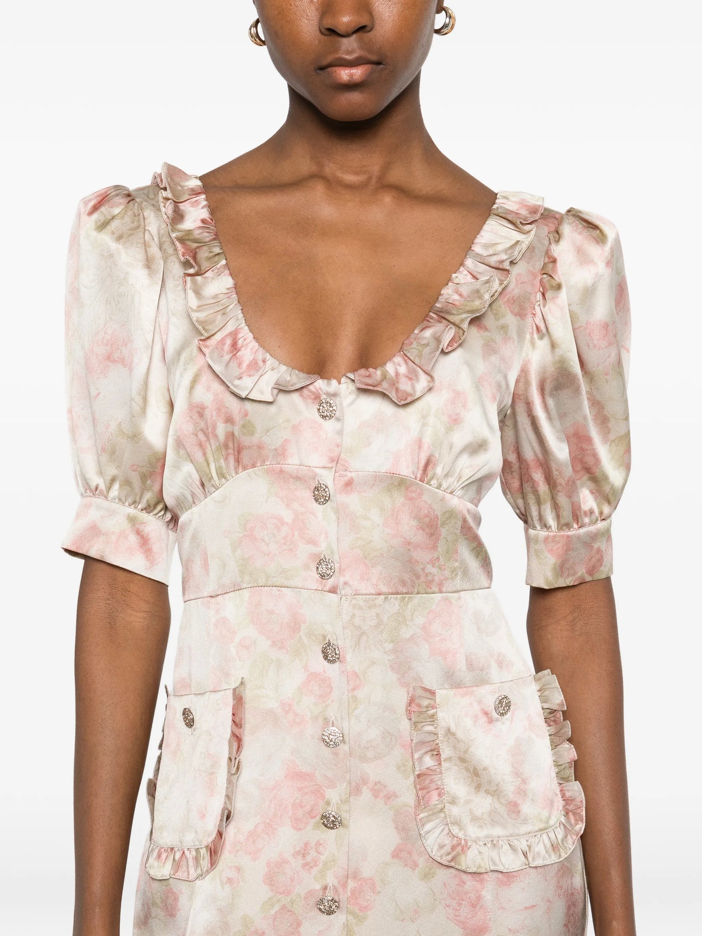 floral-print silk satin midi dress with puff sleeves