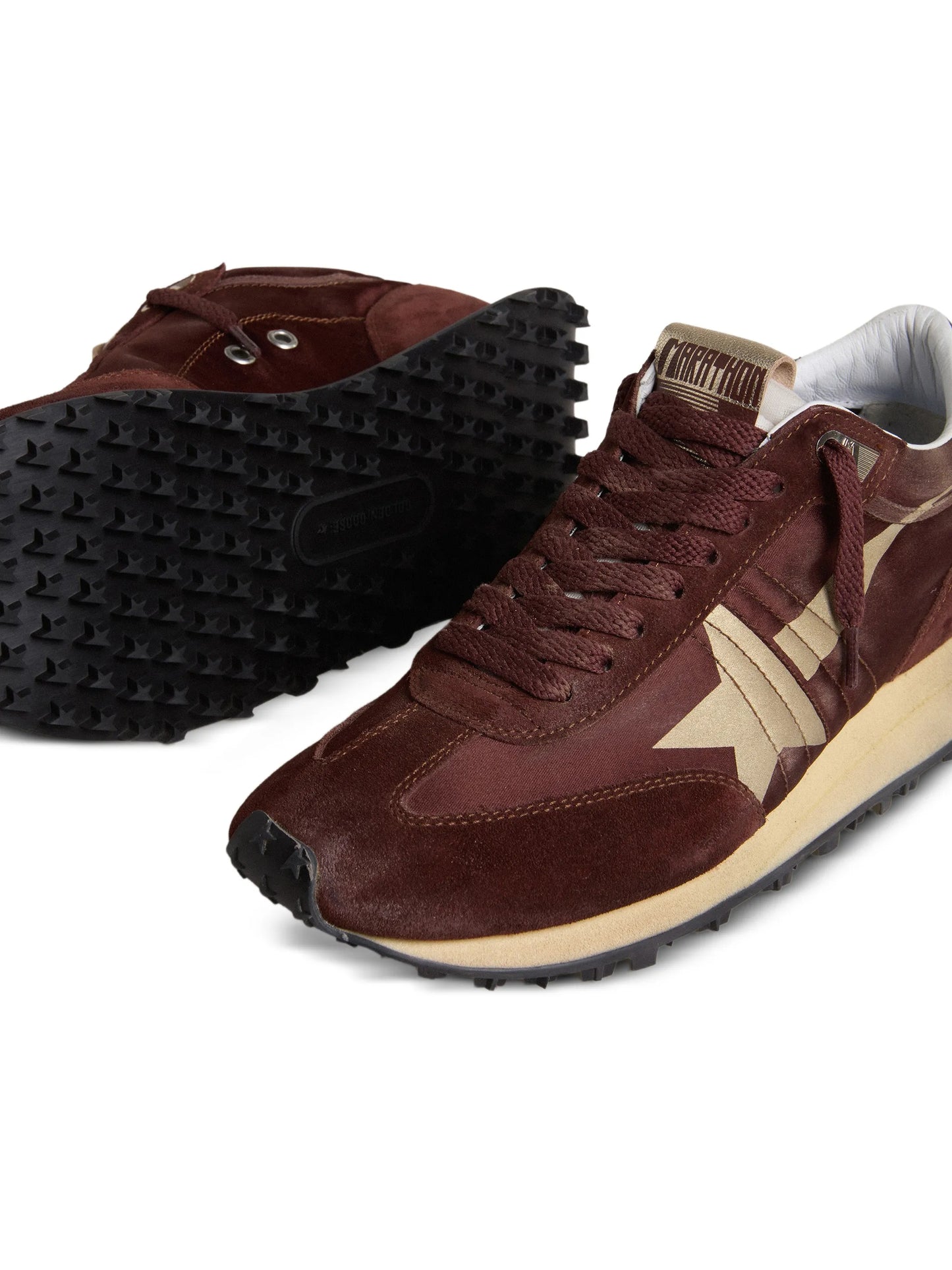 Marathon trainers with brown satin upper and platinum leather star