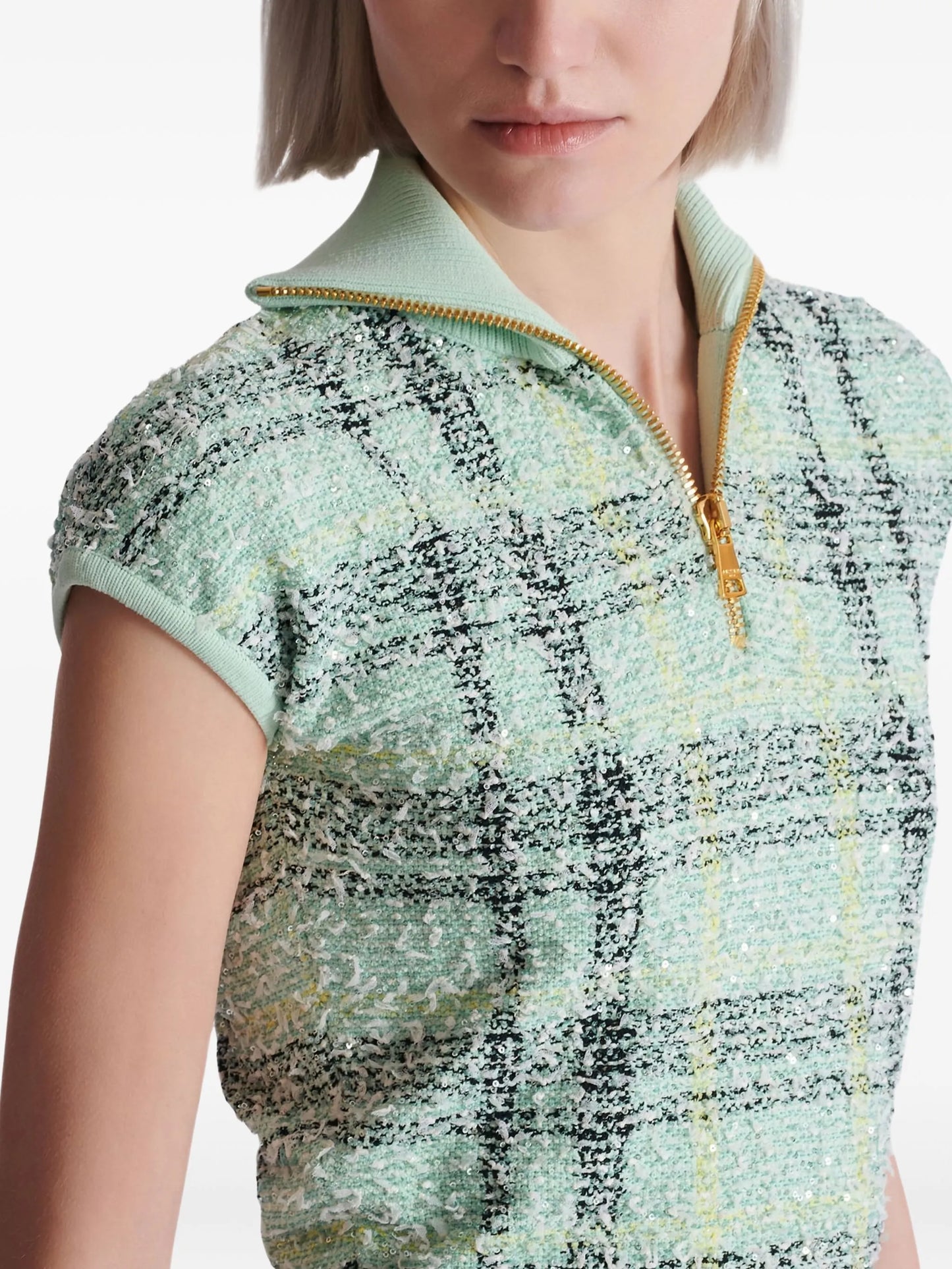 plaid-detail zip-fastening top