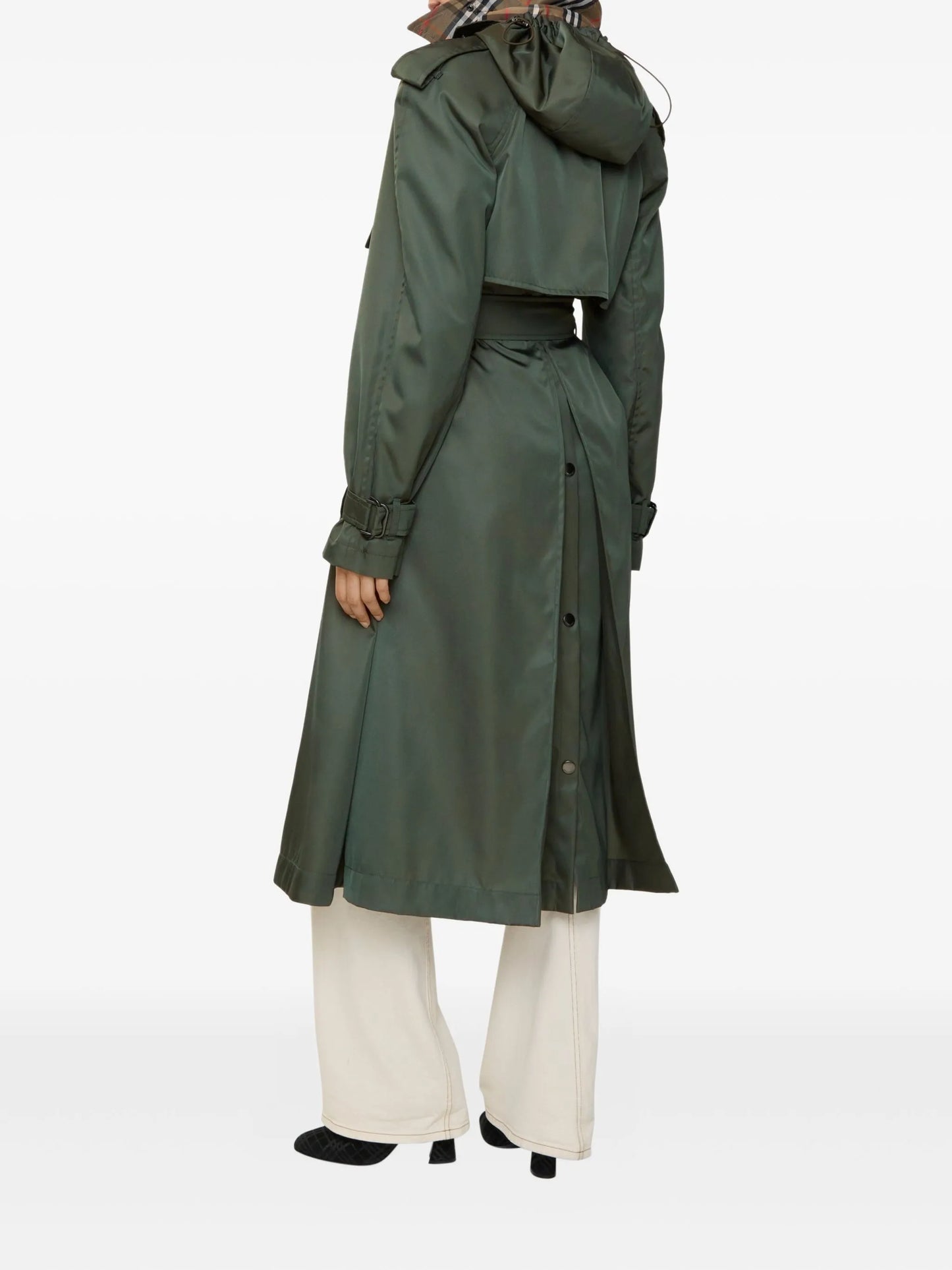 hooded belted nylon trench coat