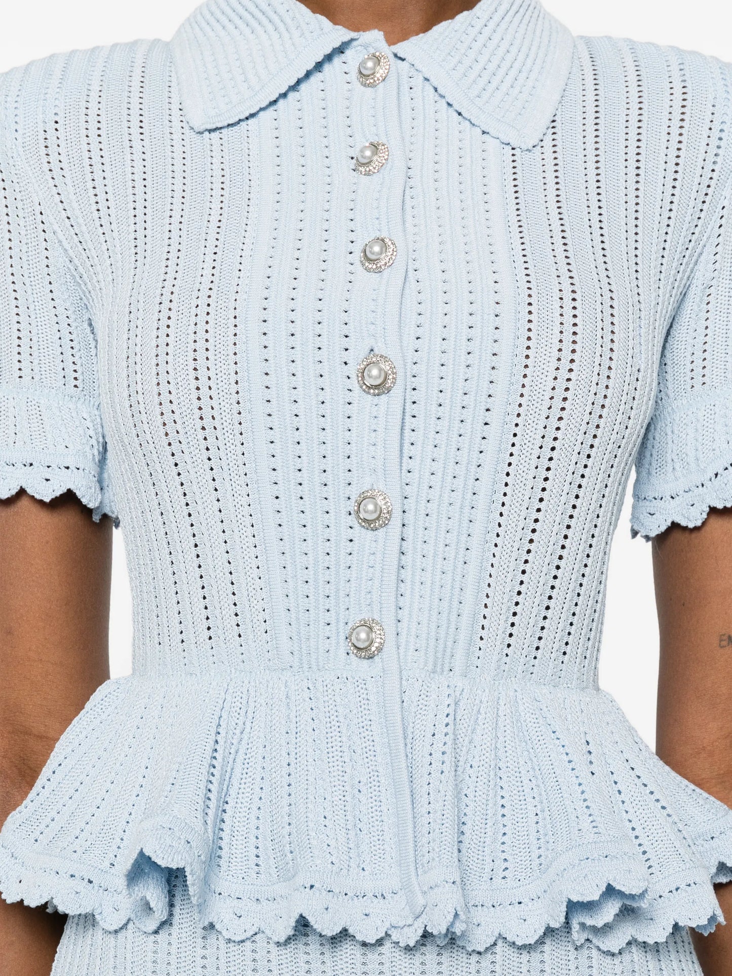 pointelle peplum knit mini dress