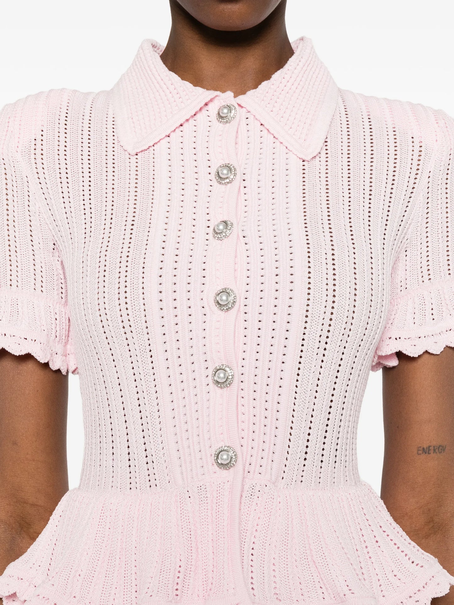 pointelle peplum knit dress