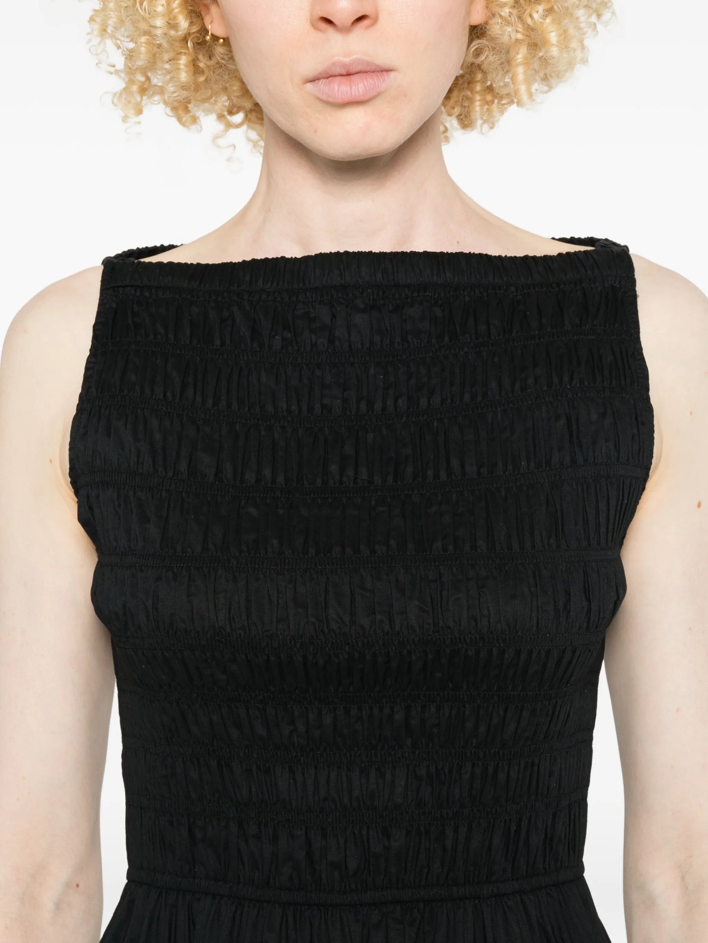 shirred sleeveless midi dress