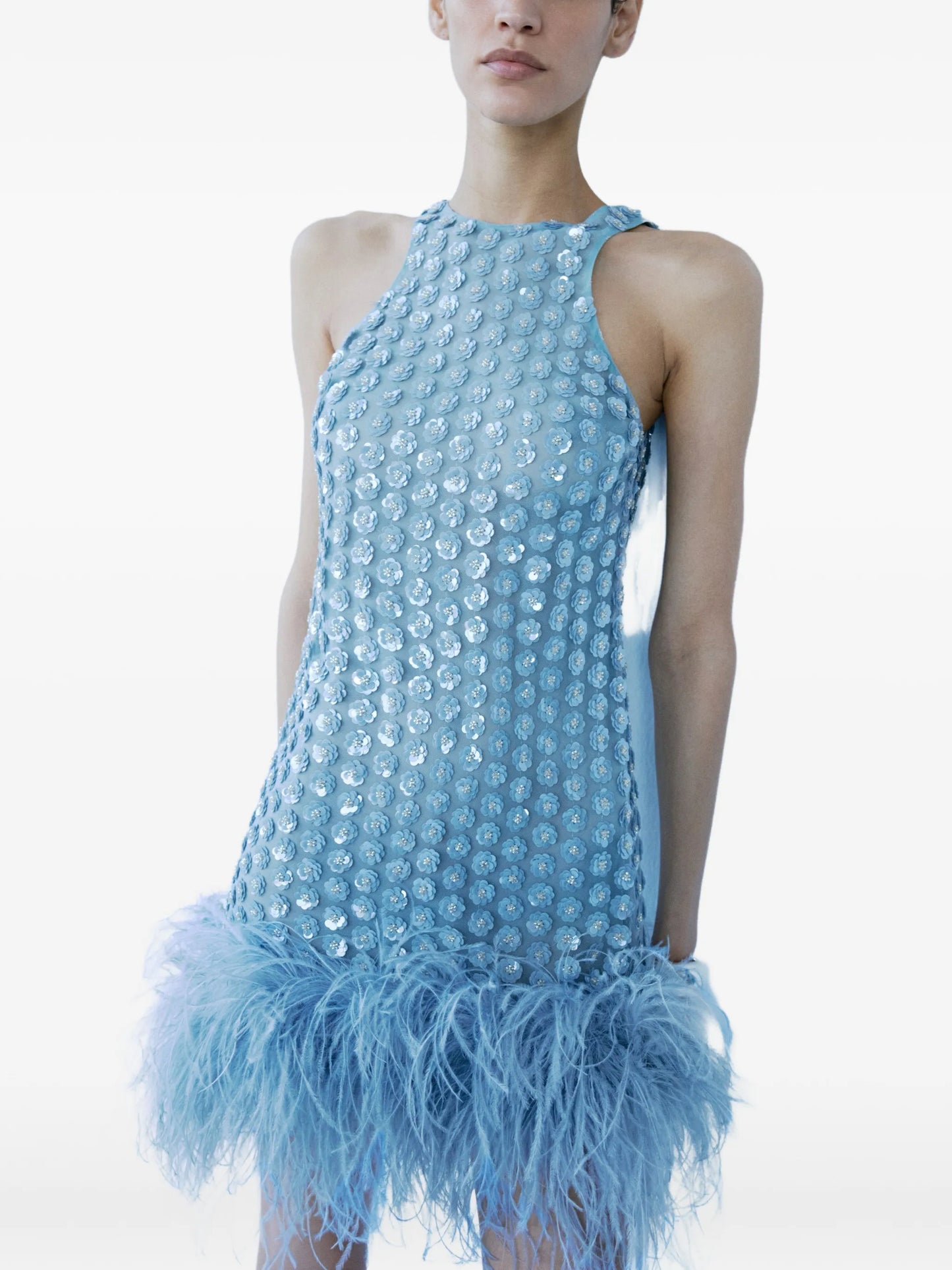 floral feathered mini dress