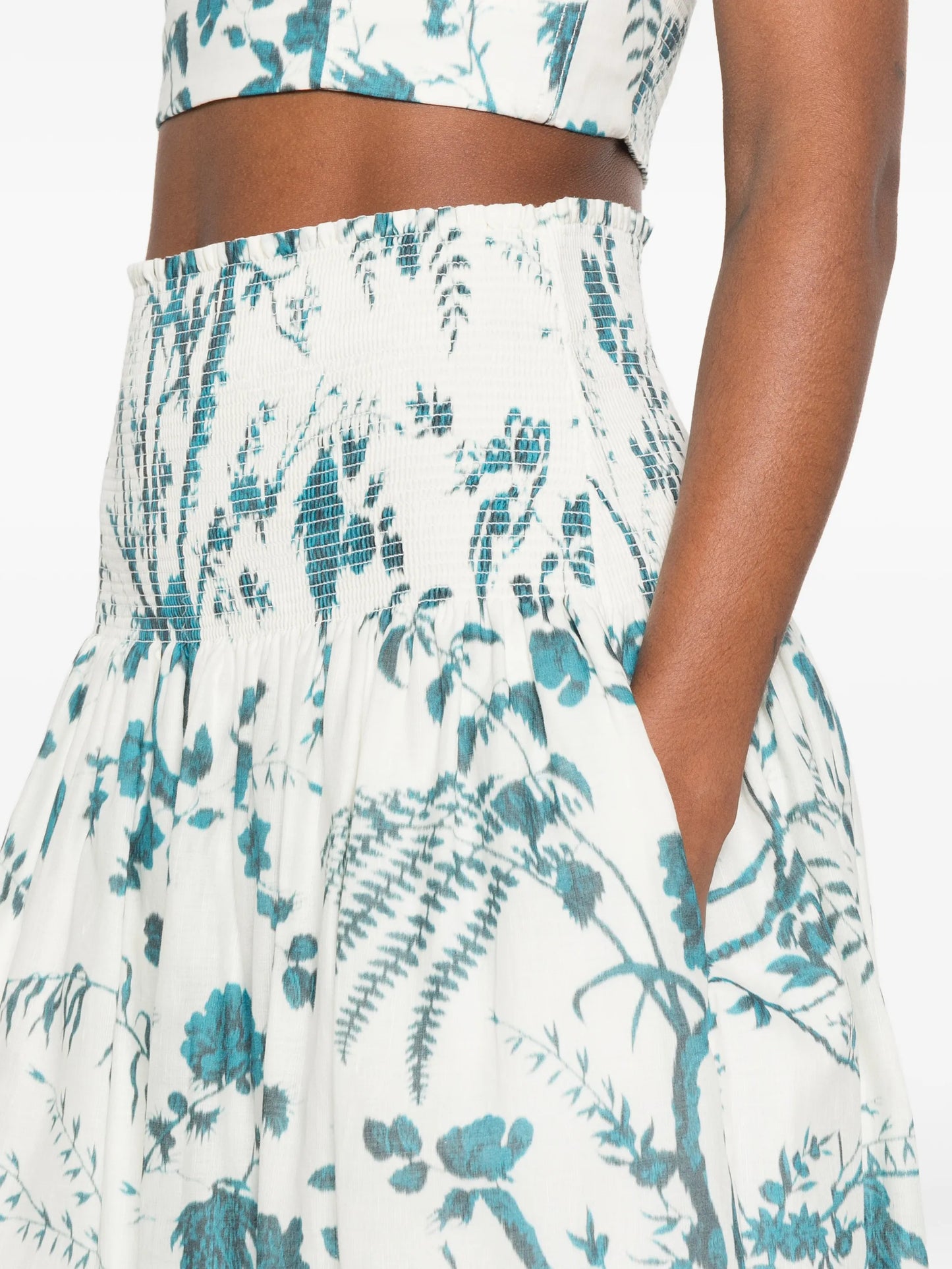 botanical-print smocked midi skirt