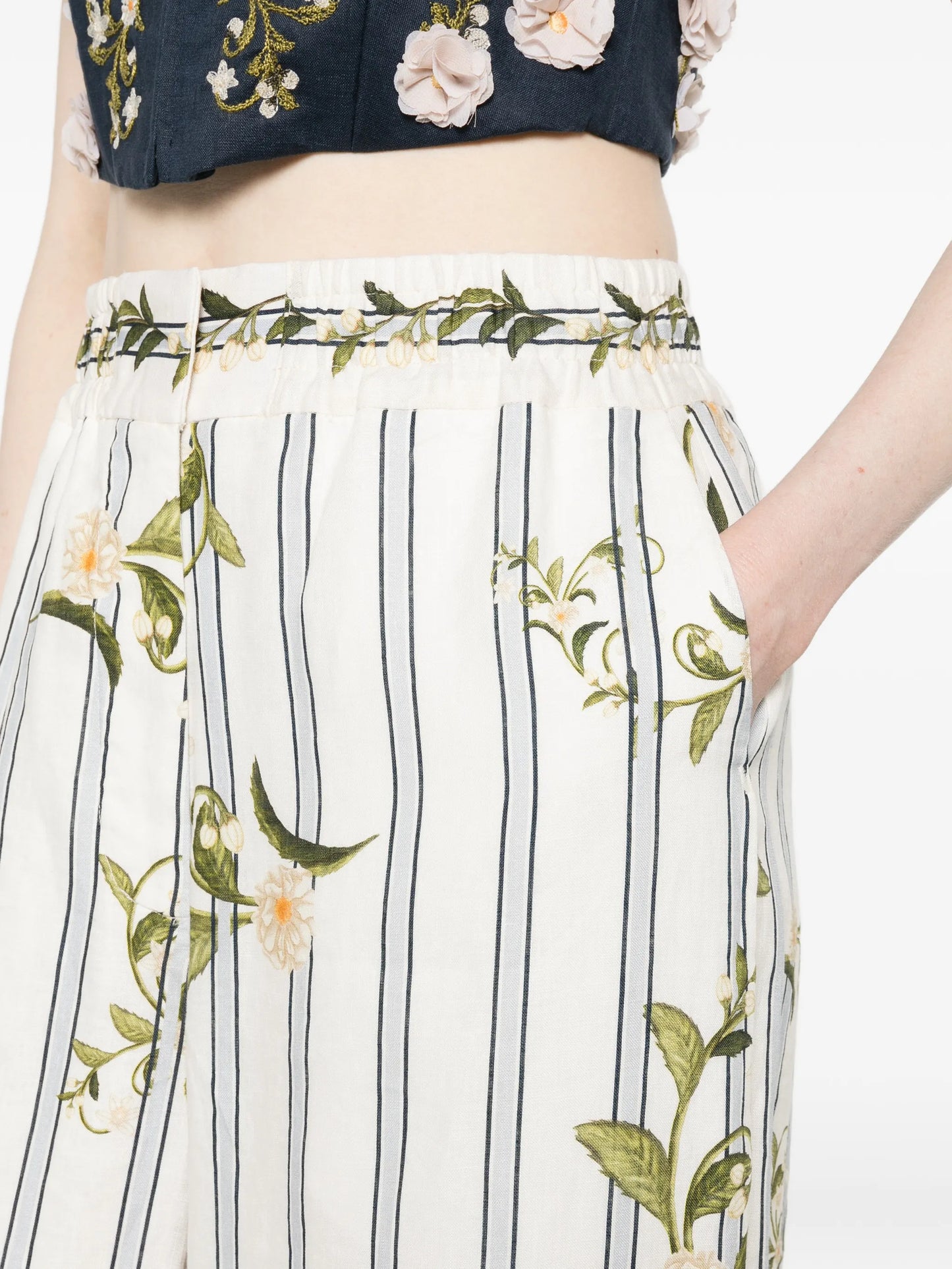striped floral-print pants