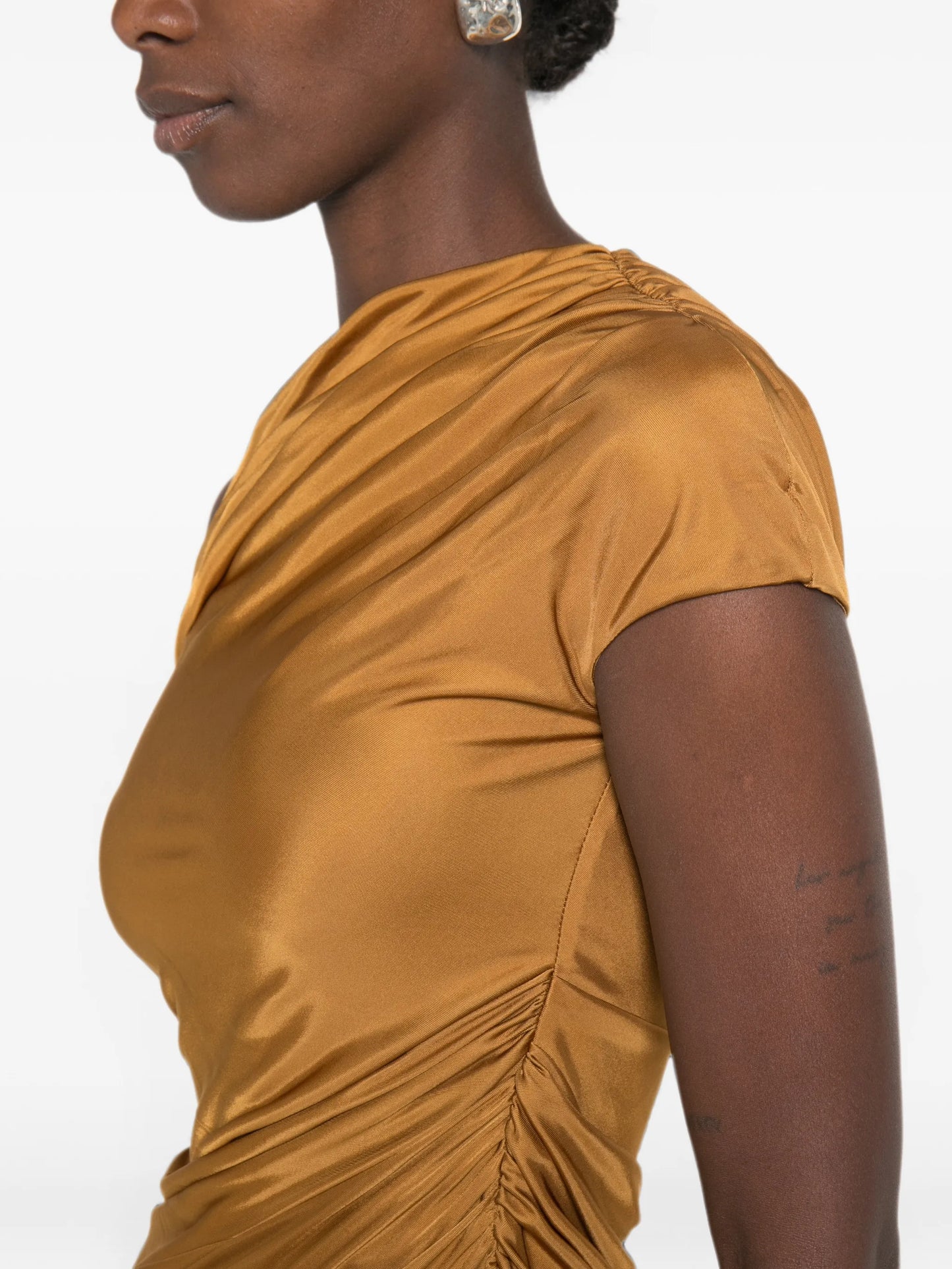cascading off-shoulder dress
