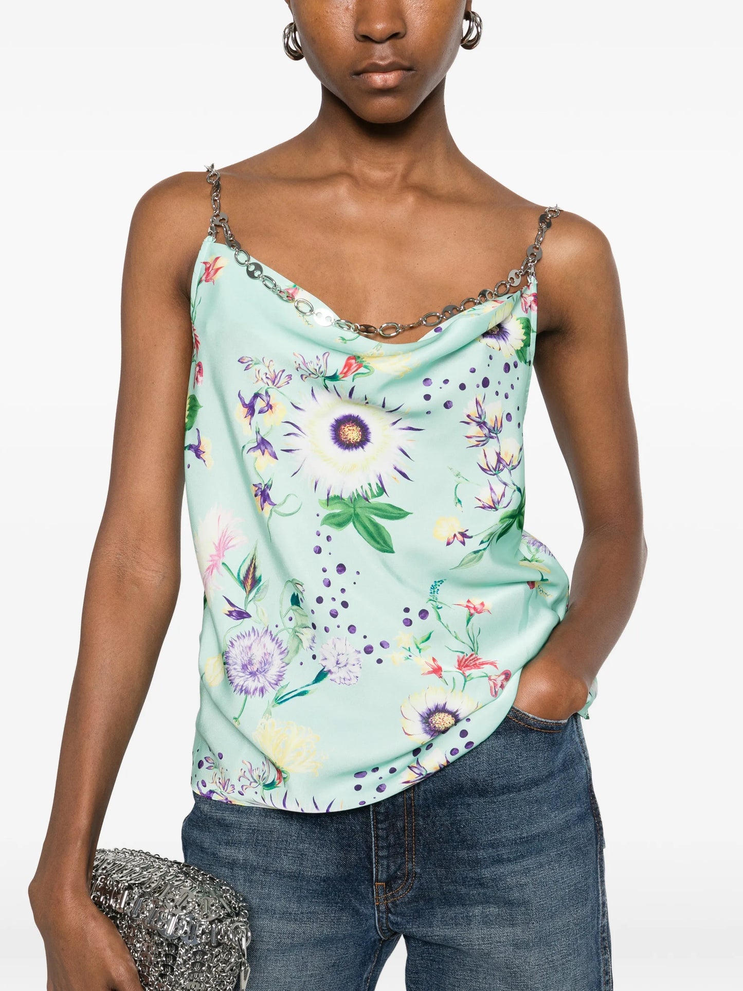 chain-detail cowl-neck floral-print top