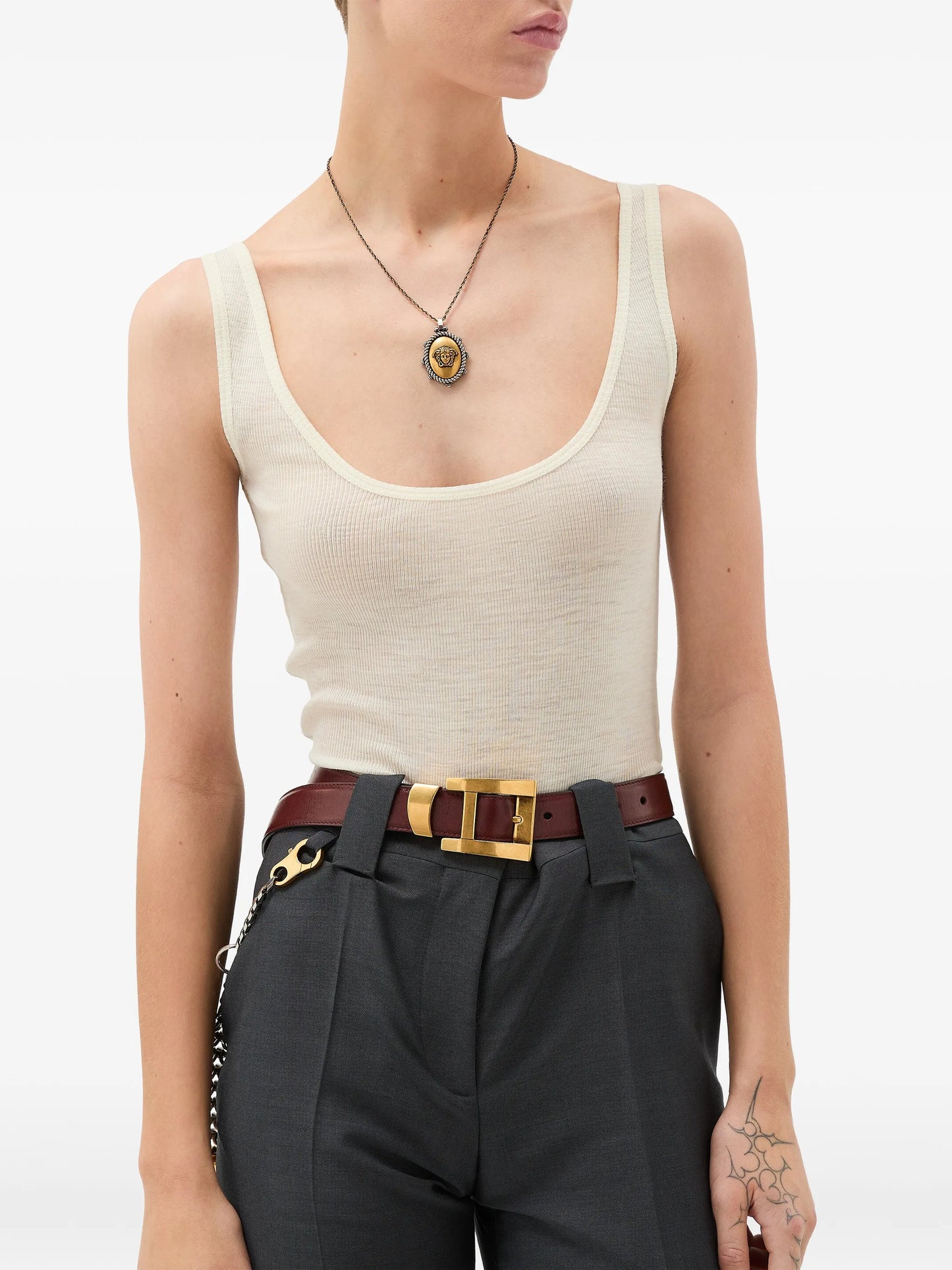 embroidered ribbed wool tank top