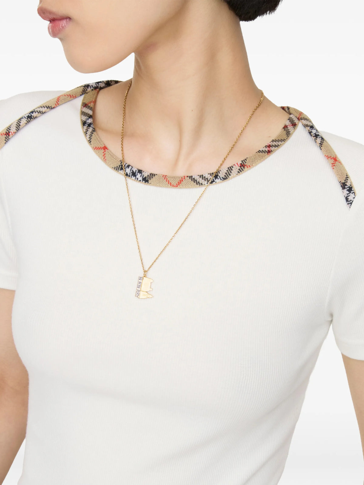 Check trim stretch cotton T-shirt