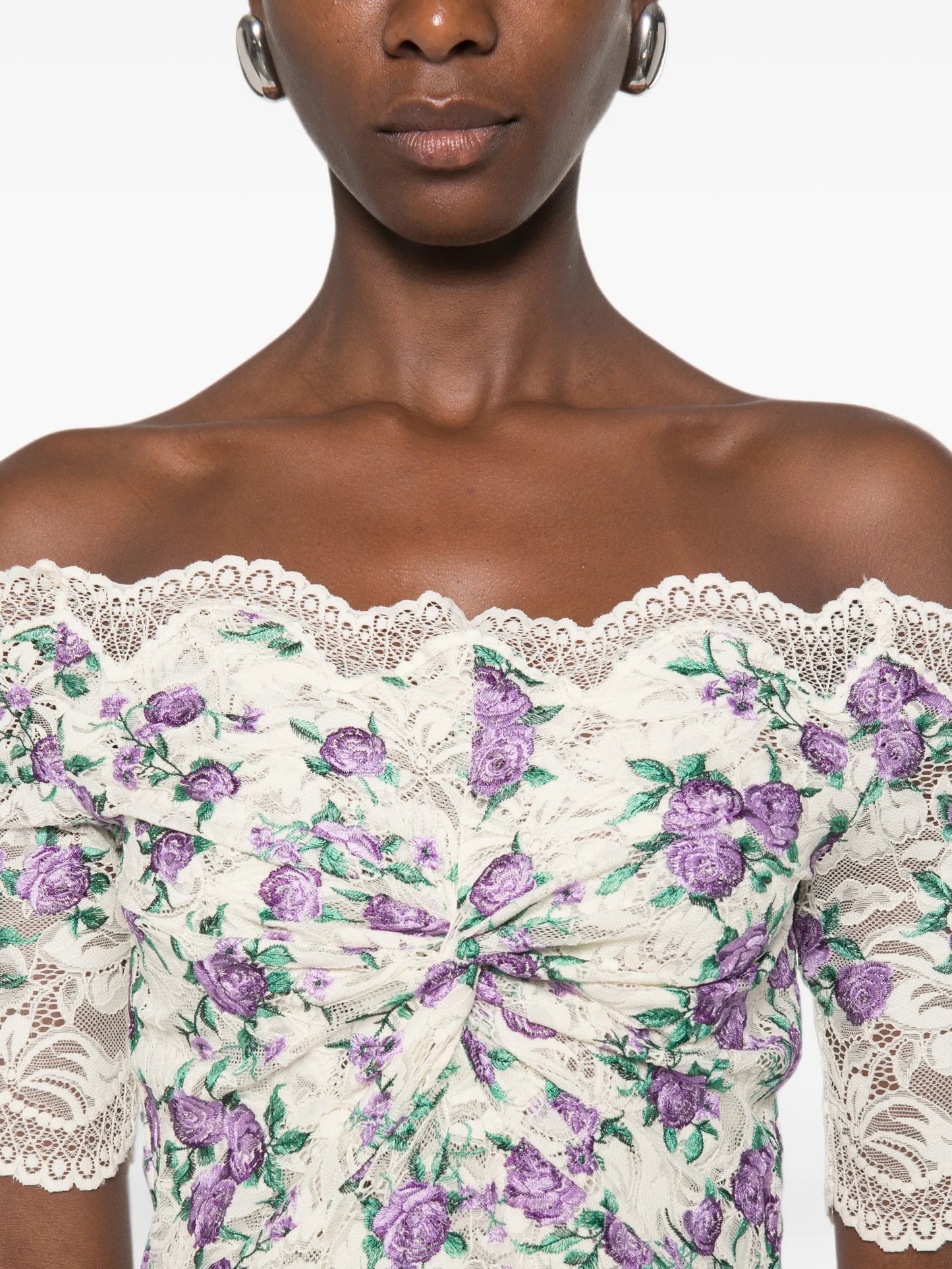 floral-embroidered lace-texture midi dress