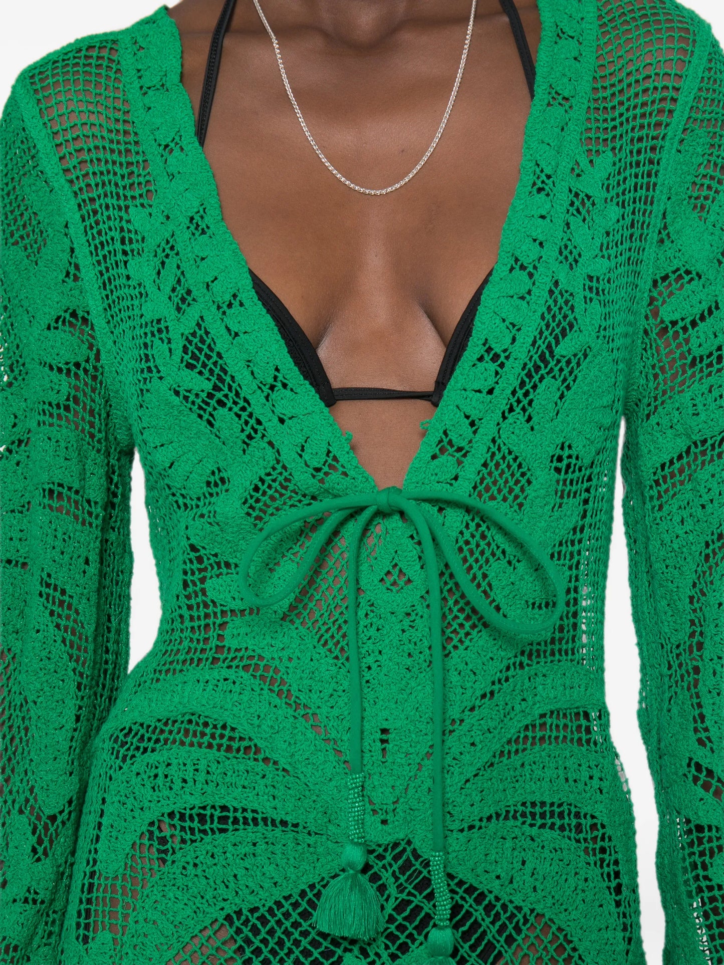 crochet-knit tassel-detail mini dress