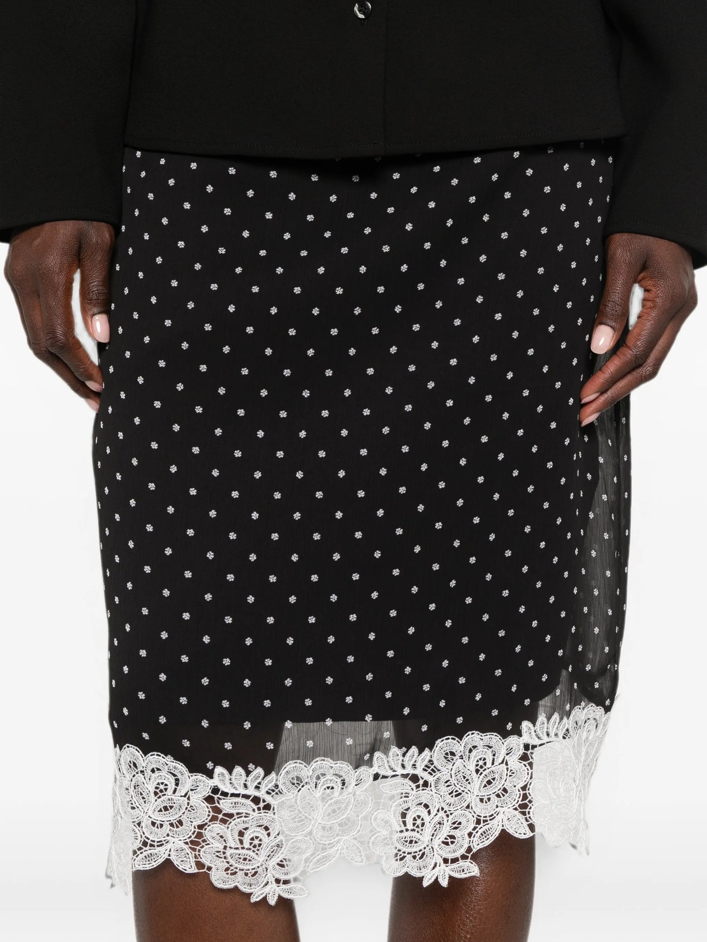 polka-dot lace-trim midi skirt