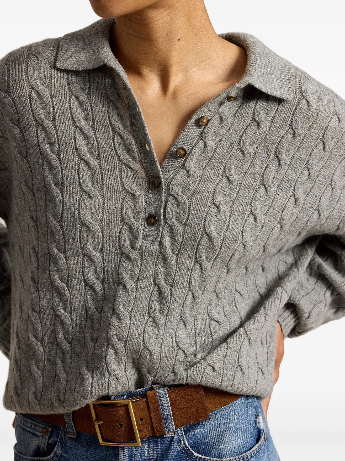 cable-knit polo-collar sweater