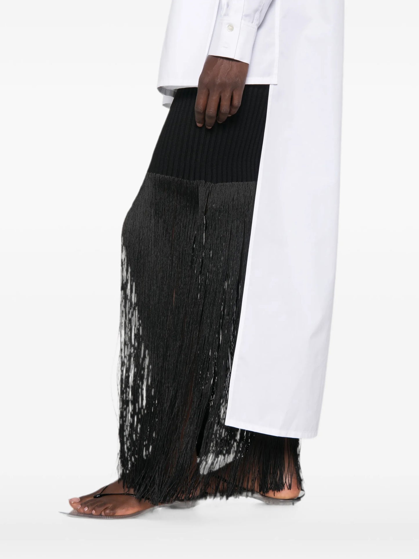 fringed ribbed-knit midi skirt