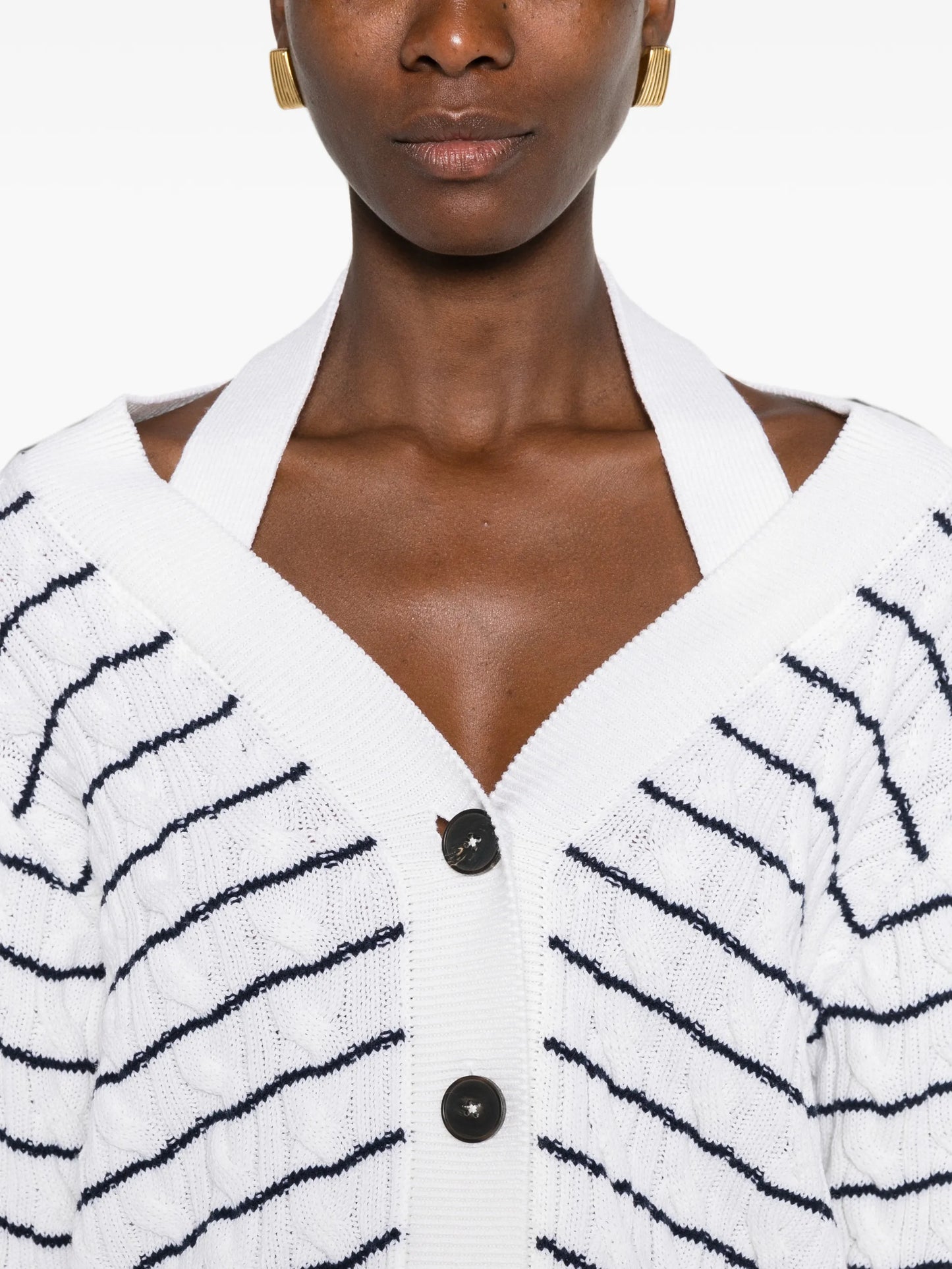 off-the-shoulder striped cardigan in ivory/navy