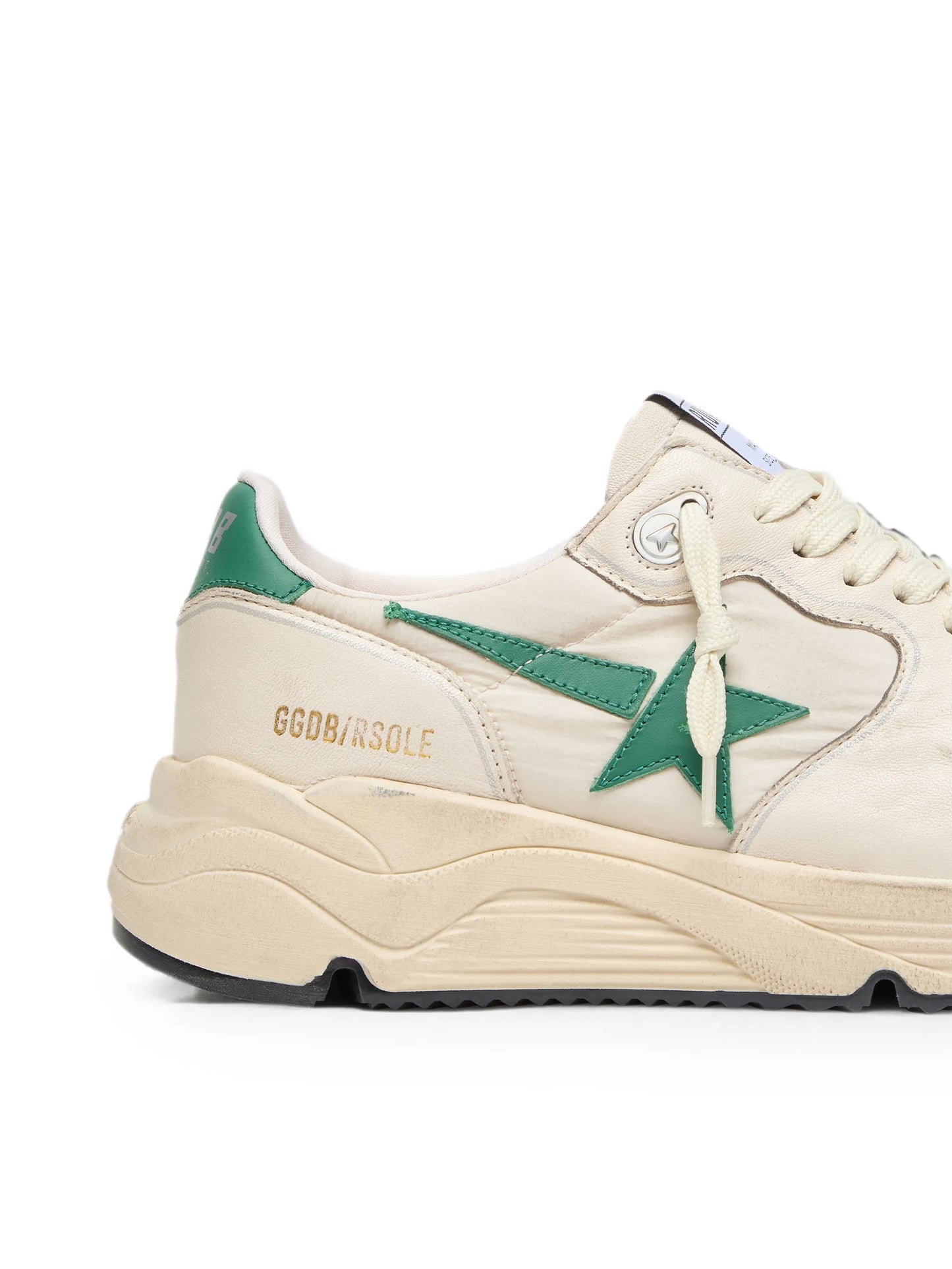 Running Sole in cream nylon and leather with green leather star sneakers