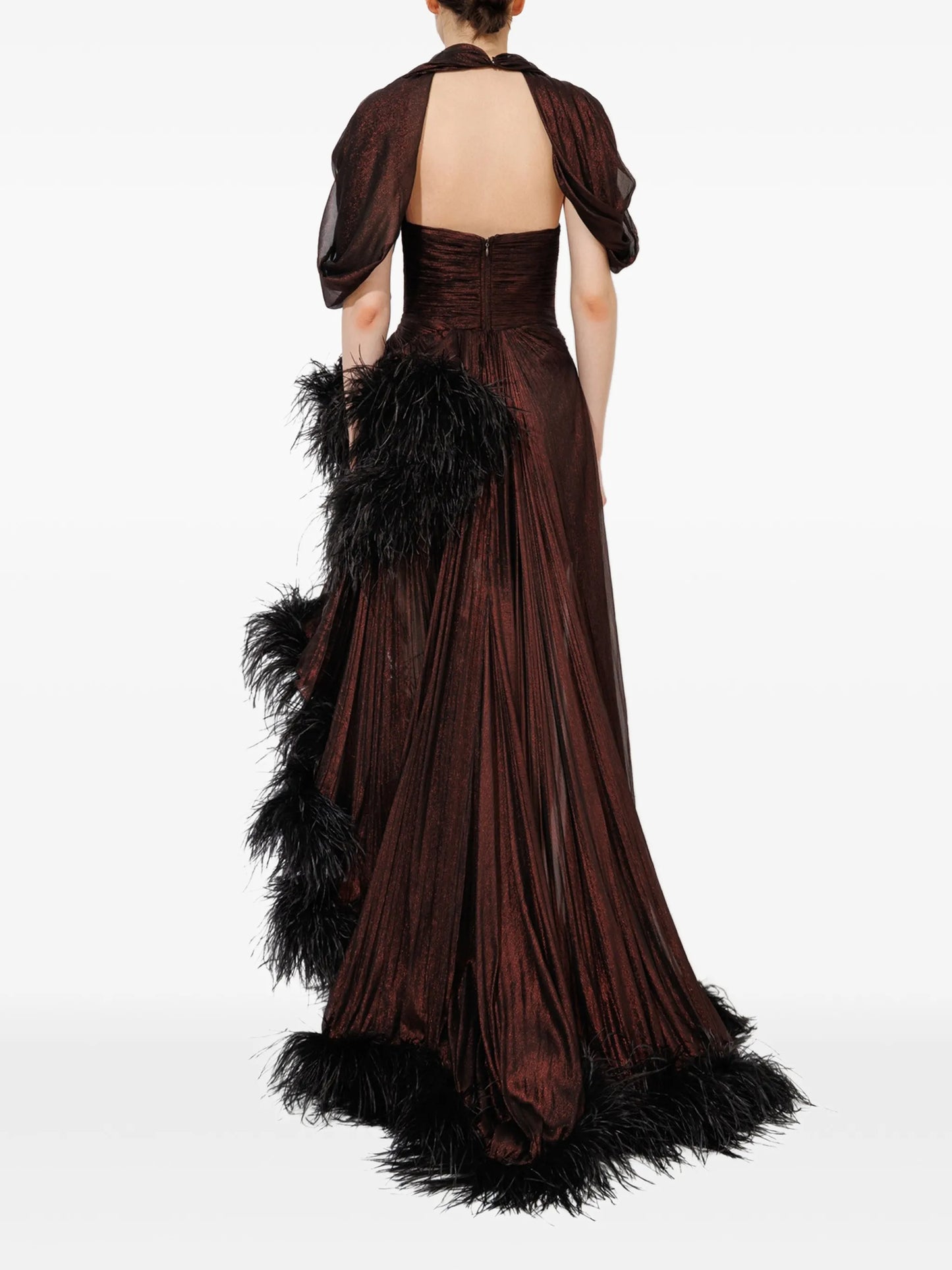 Lera feather-trim gown