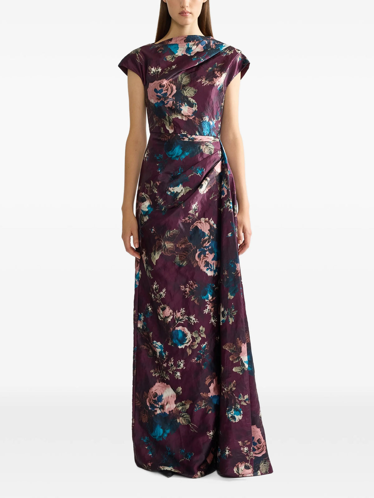 floral textured satin short sleeved draped gown
