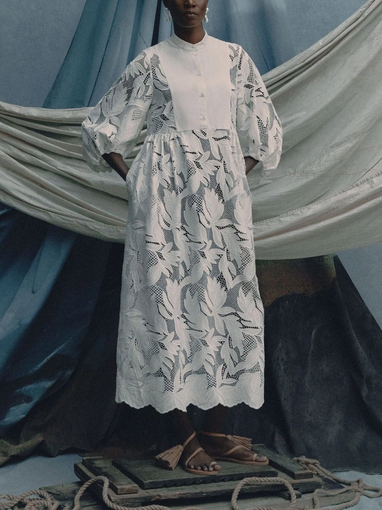floral-cutwork midi dress