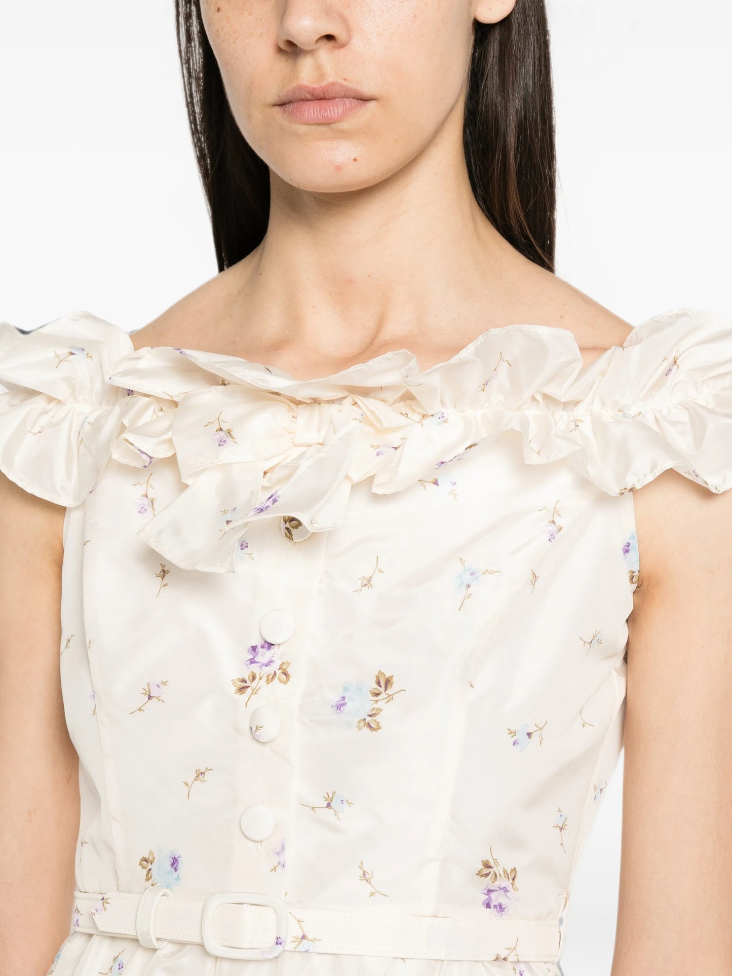 floral-print silk taffeta off-shoulder dress