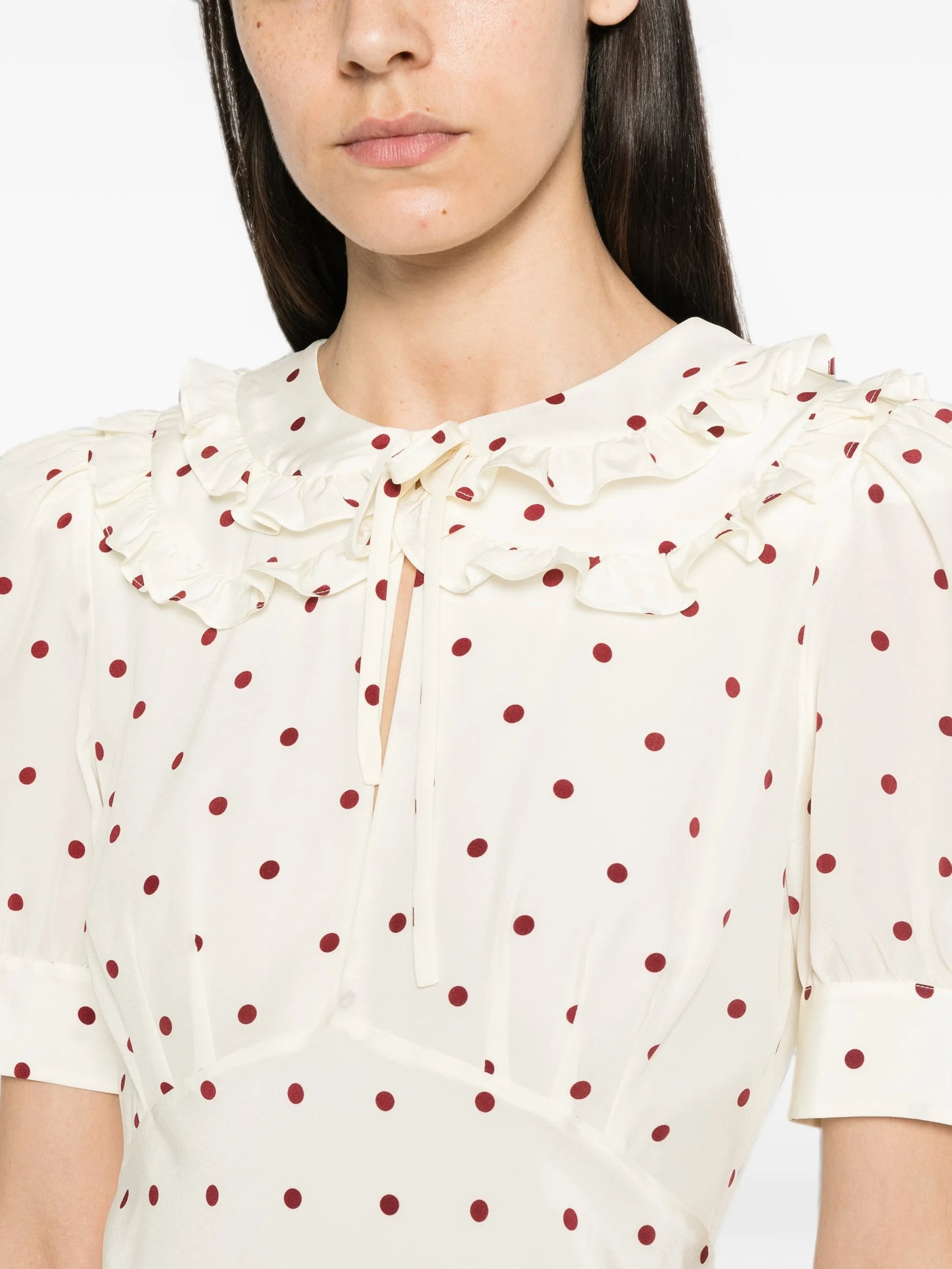 polka-dot silk midi dress with double collar