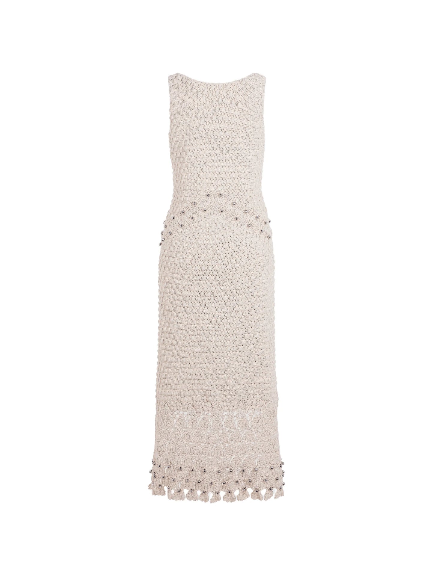 pearl-embellished crochet midi dress