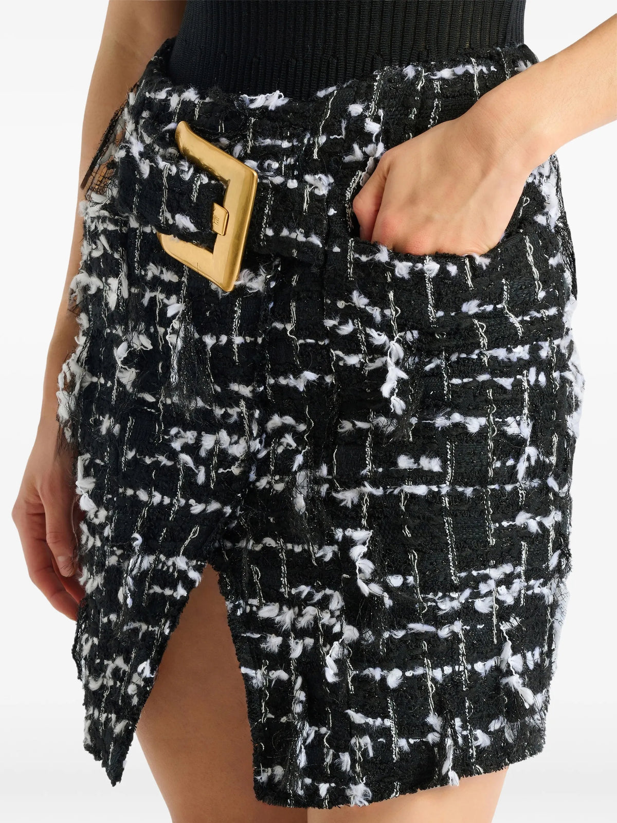belted fringed tweed skirt