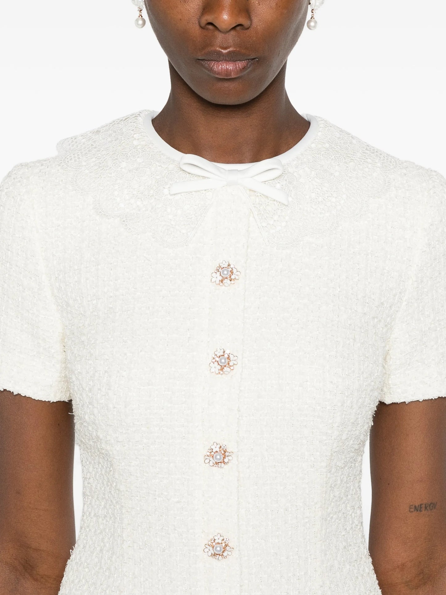 lace-trimmed bouclé dress