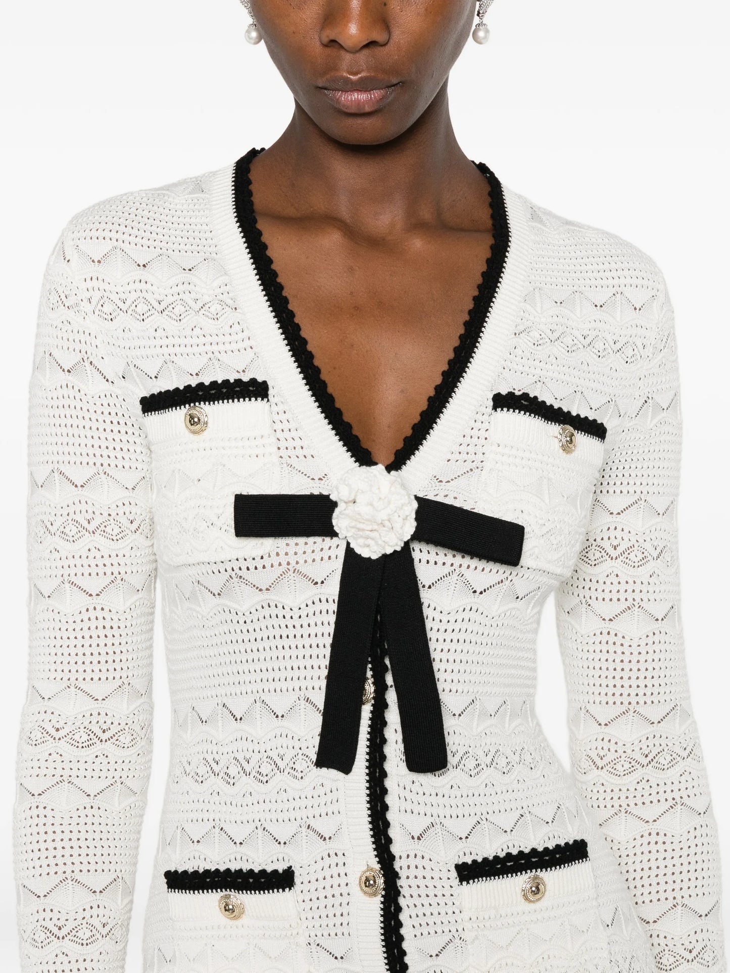 bow-detail pointelle-knit midi dress