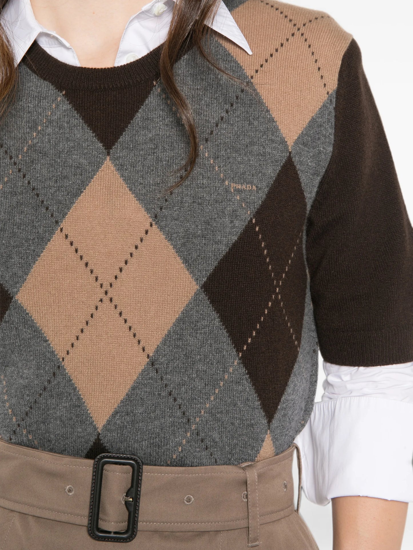 short-sleeved argyle cashmere sweater