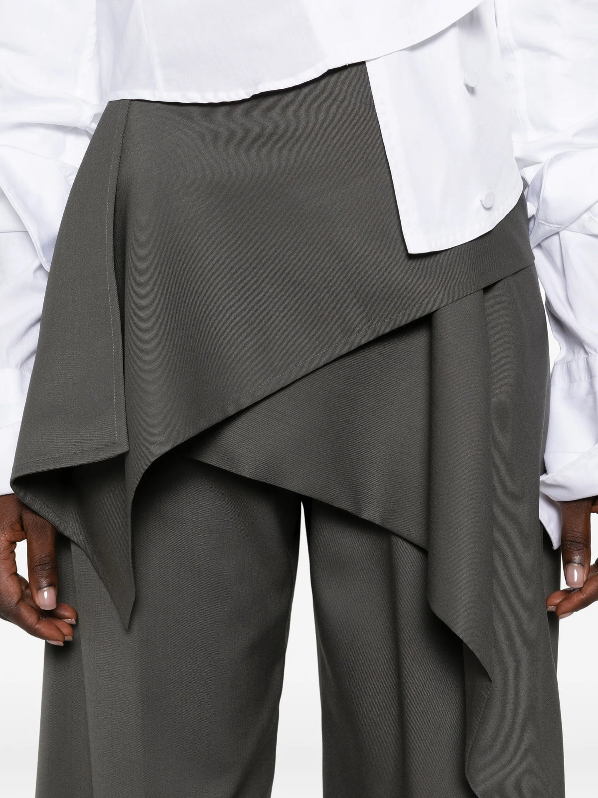 Lustrous asymmetric draped trousers
