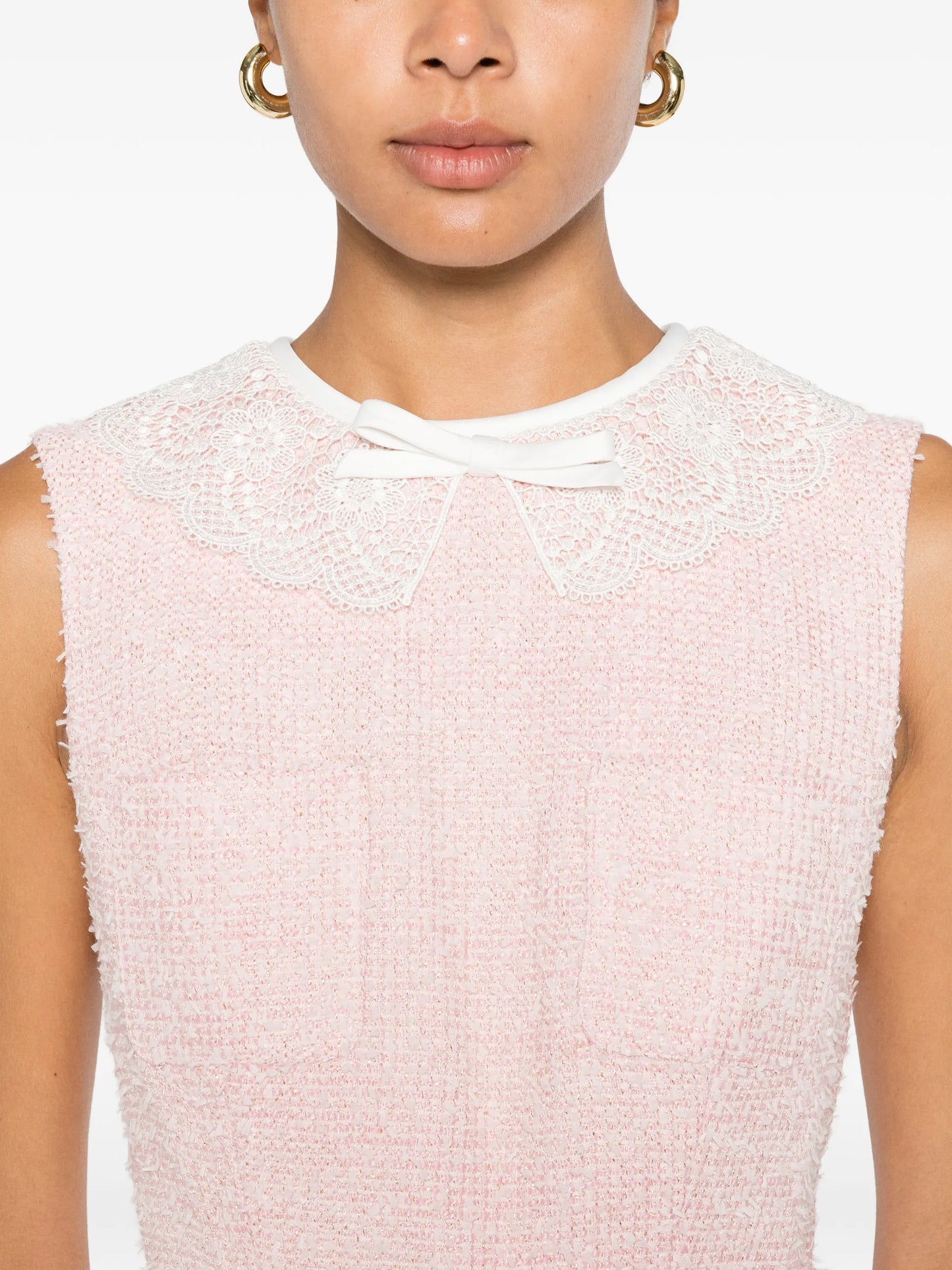 lace-collar bouclé midi dress
