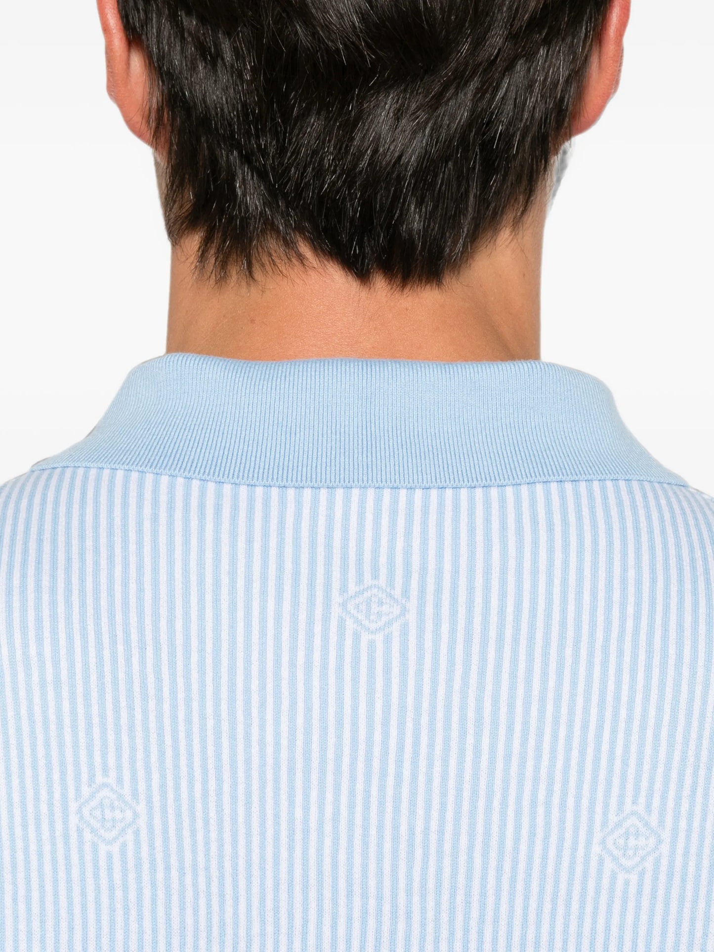 light blue pinstripe short sleeve knit polo shirt