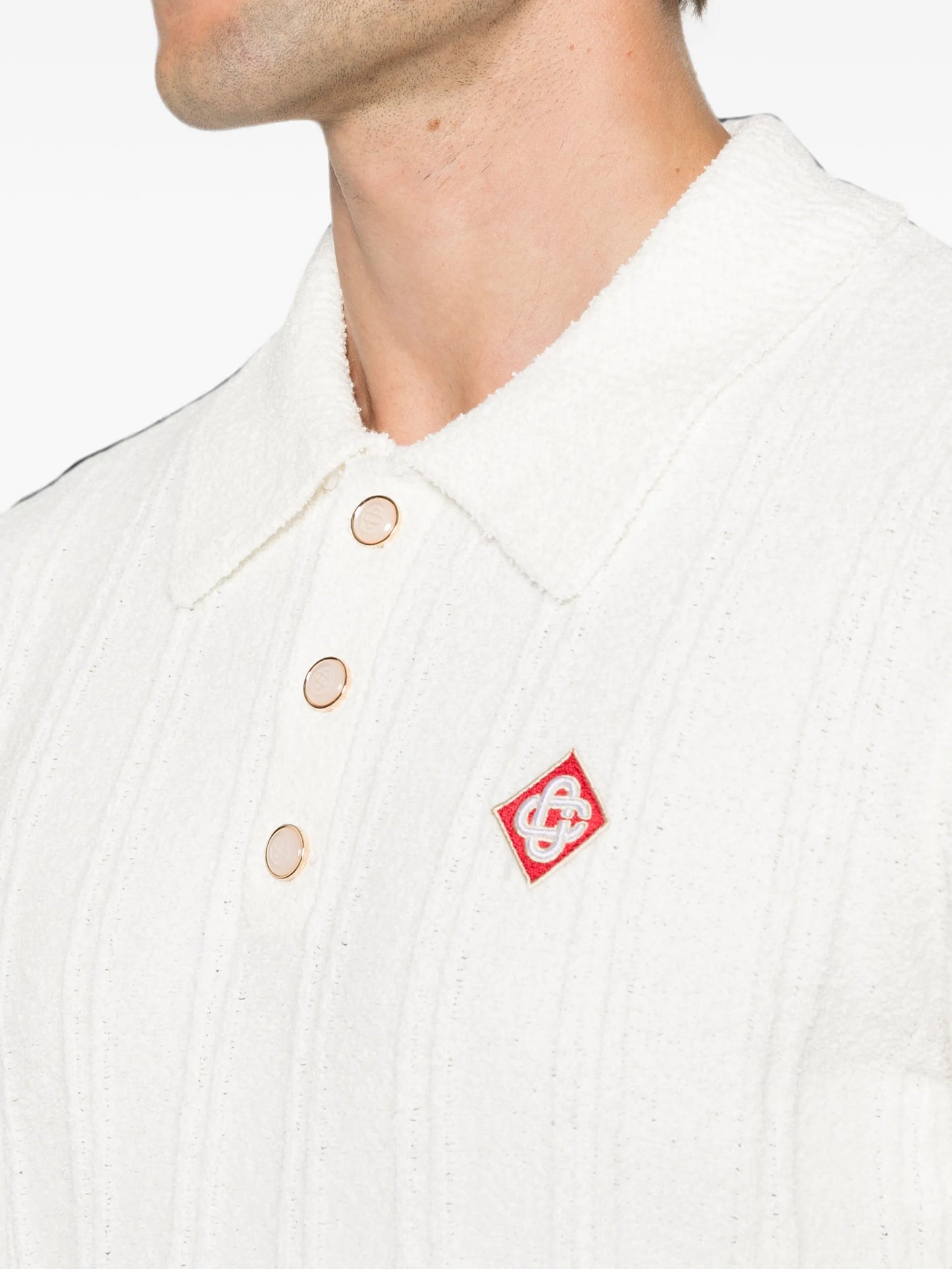 white boucle long sleeve polo shirt