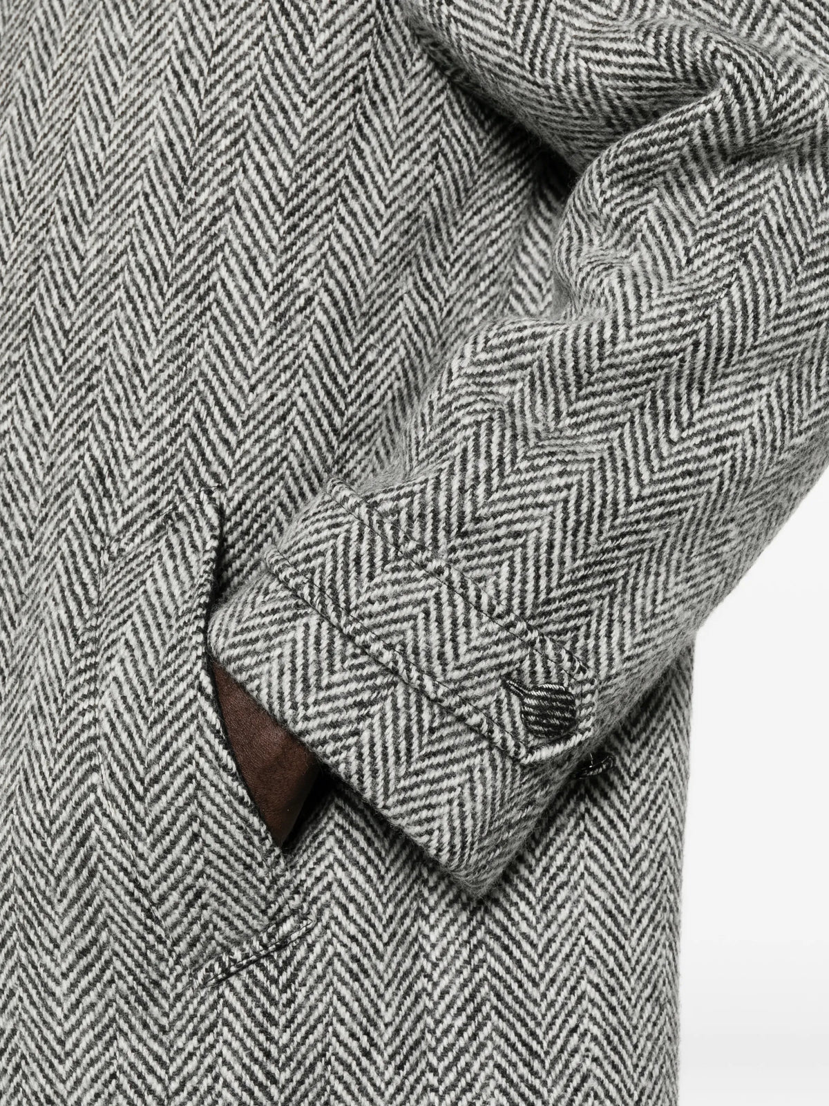 herringbone-weave single-breasted overcoat