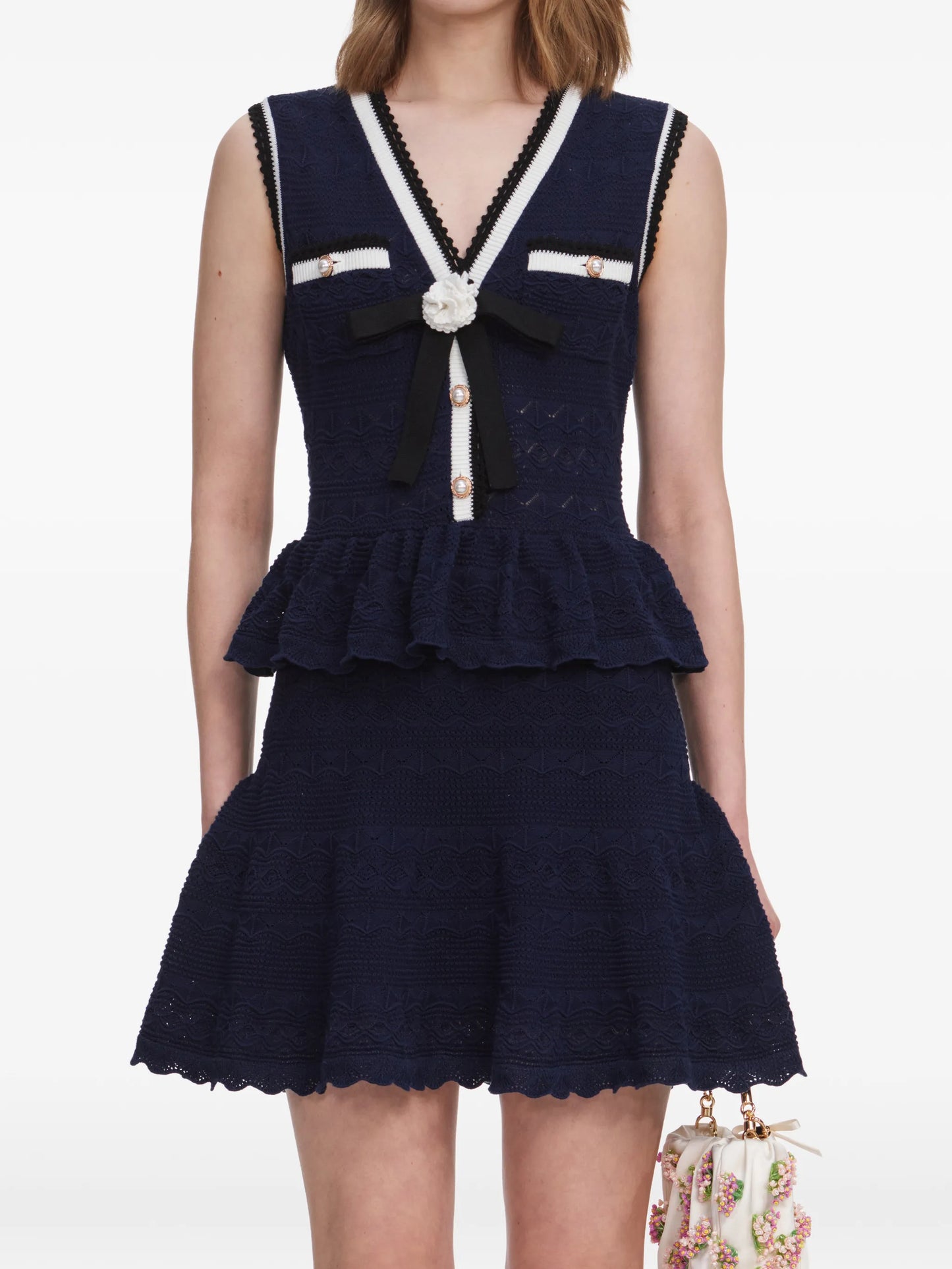navy peplum pointelle-knit mini dress