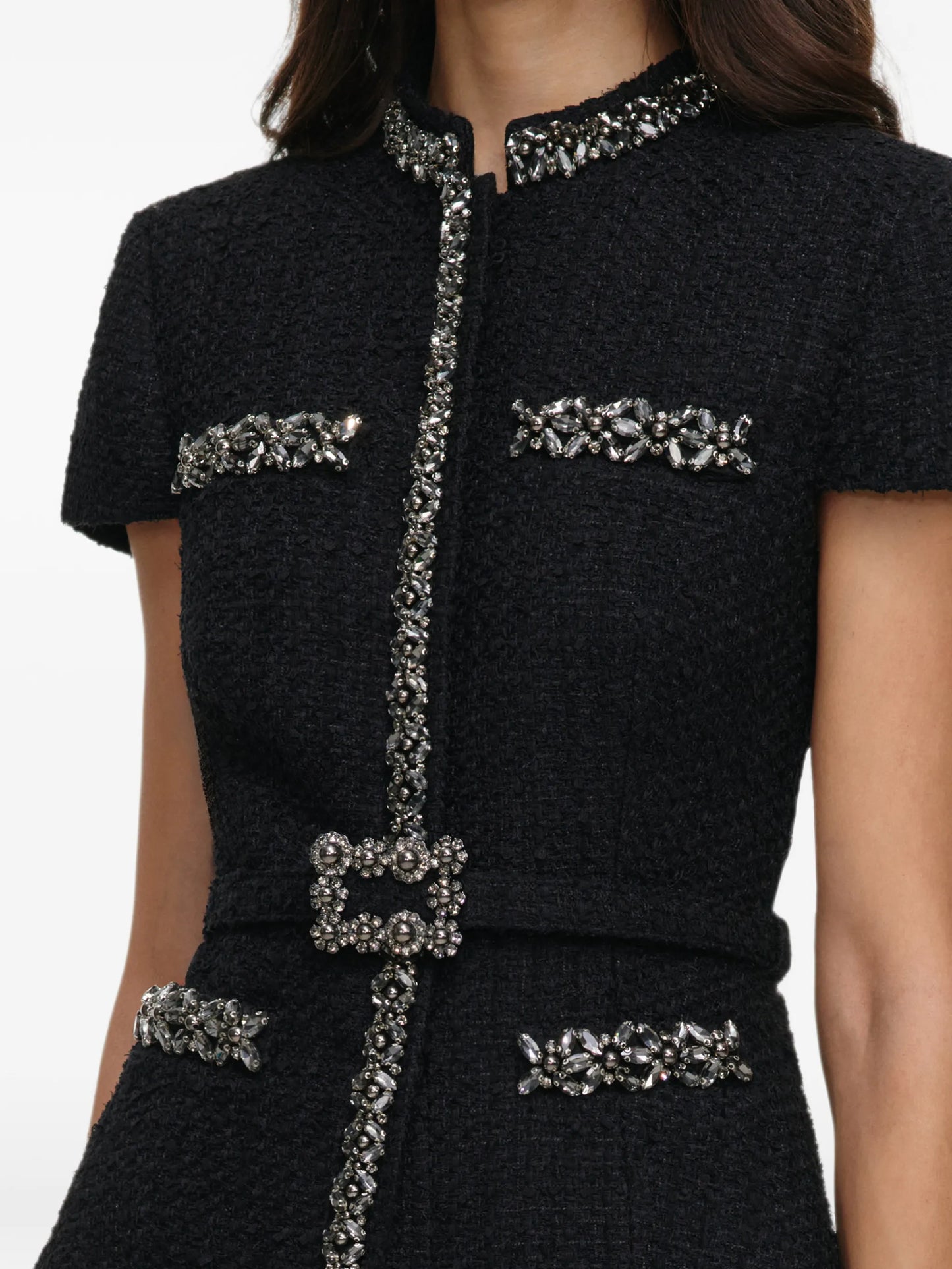 black bouclé crystal-trim satin midi dress