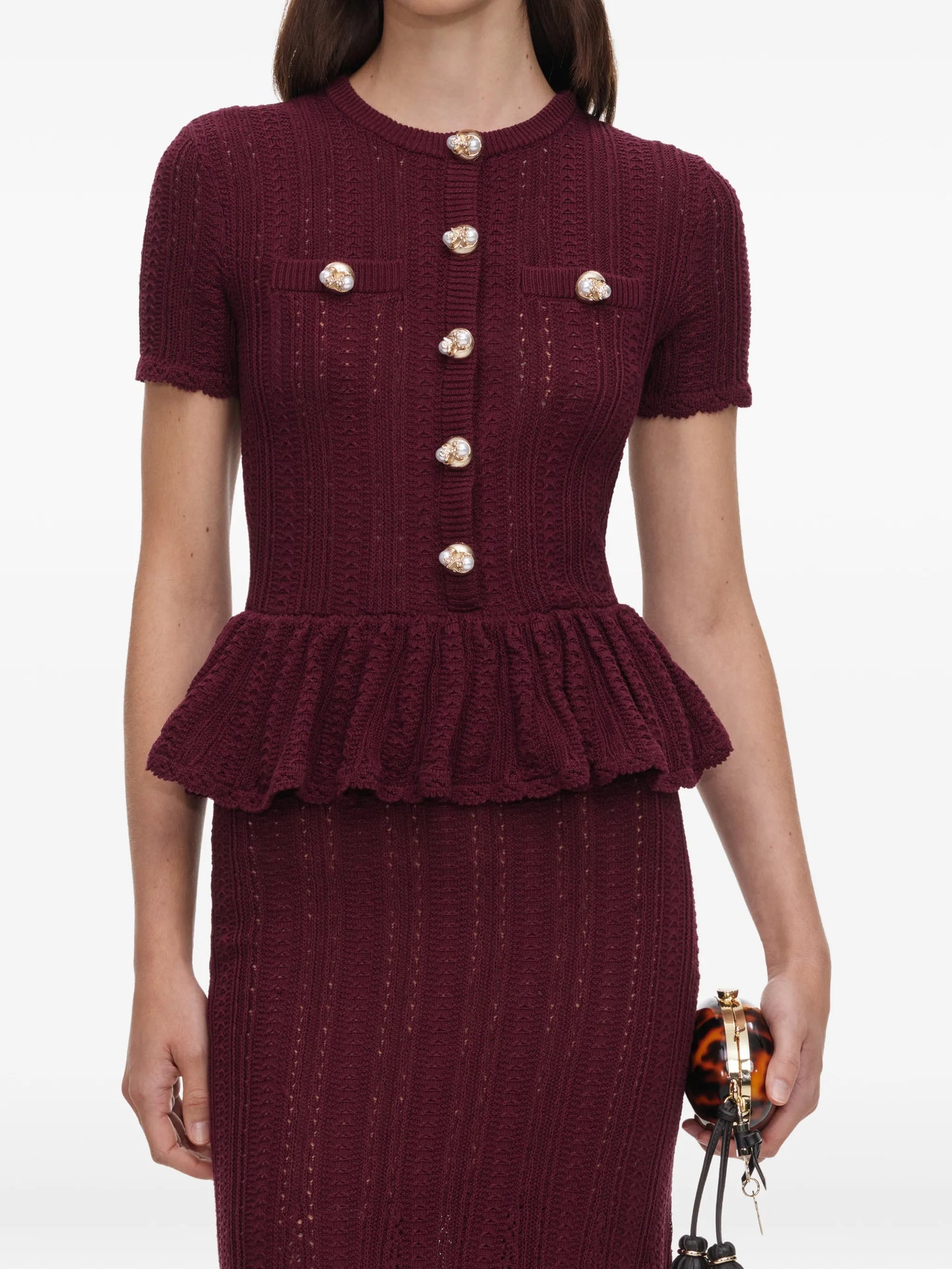 peplum pointelle-knit midi dress