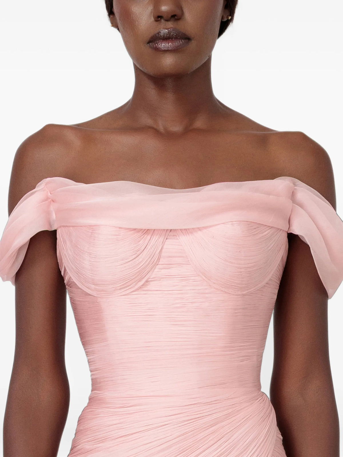 Petal flare silk gown with off-shoulder sleeves and feathers trim